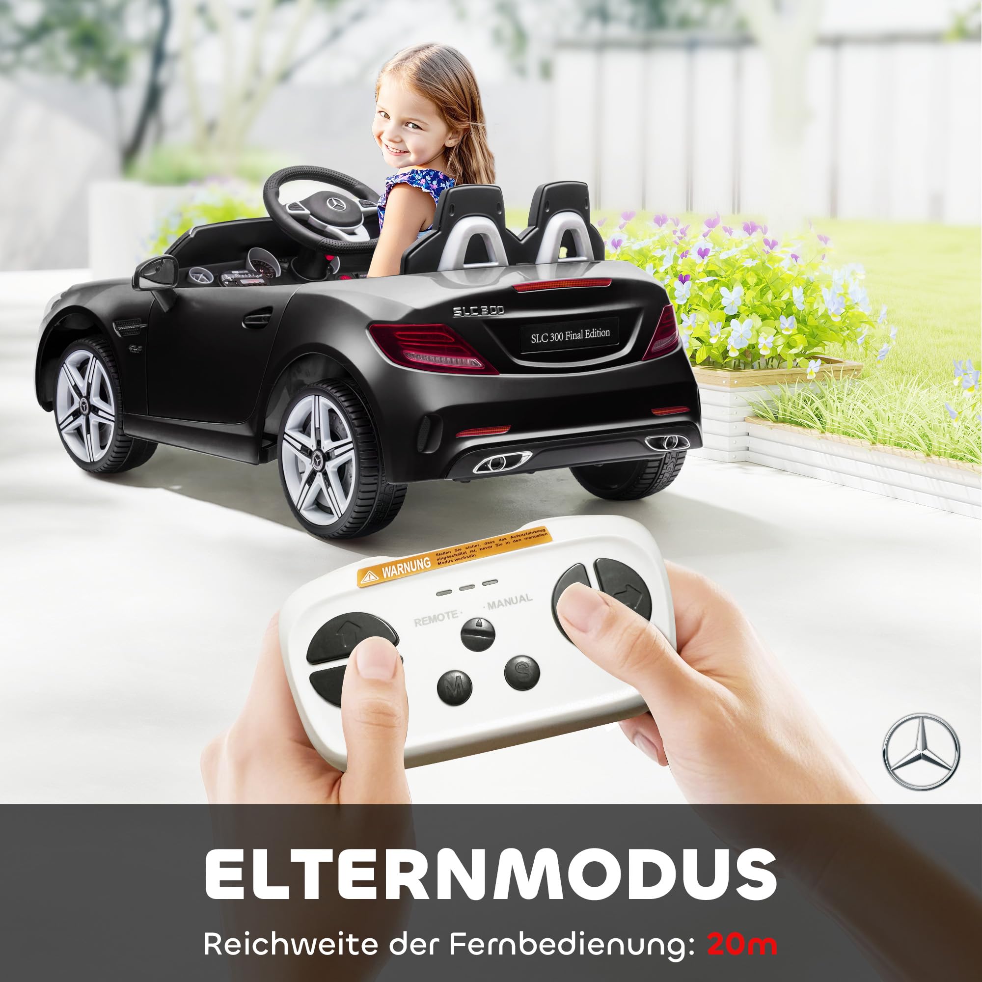 AIYAPLAY Samochód elektryczny dla dzieci, z pilotem zdalnego sterowania 2,4 G, samochód dziecięcy z reflektorami LED, pas bezpieczeństwa, klakson, muzyka, samochód elektryczny dla dzieci od 3 lat, czarny