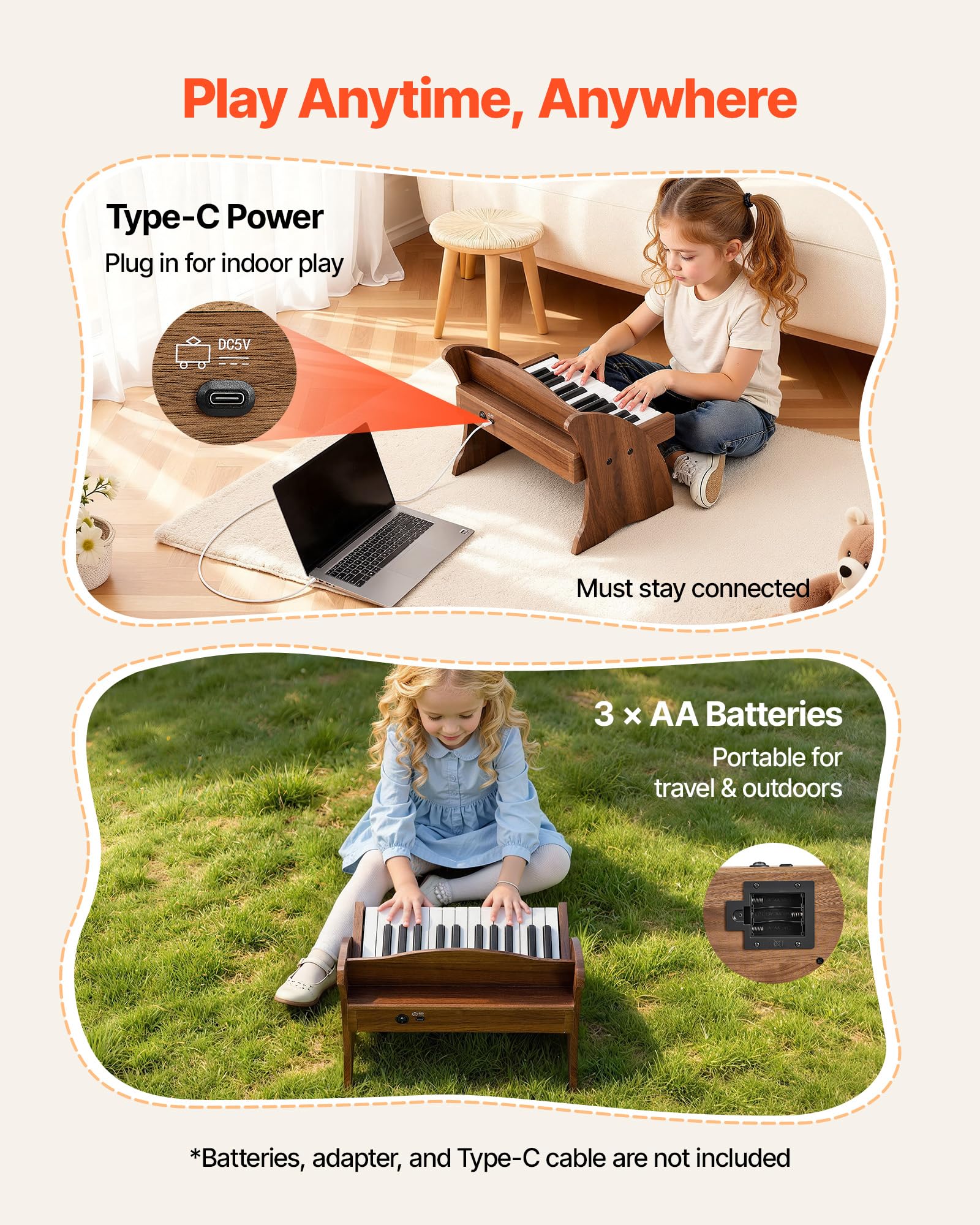 VEVOR Tastiera per Pianoforte per Bambini in Legno a 25 Tasti, Mini Strumento Musicale Giocattolo Educativo con Suono Realistico, Doppia Alimentazione, Volume Regolabile per Bambini Piccoli