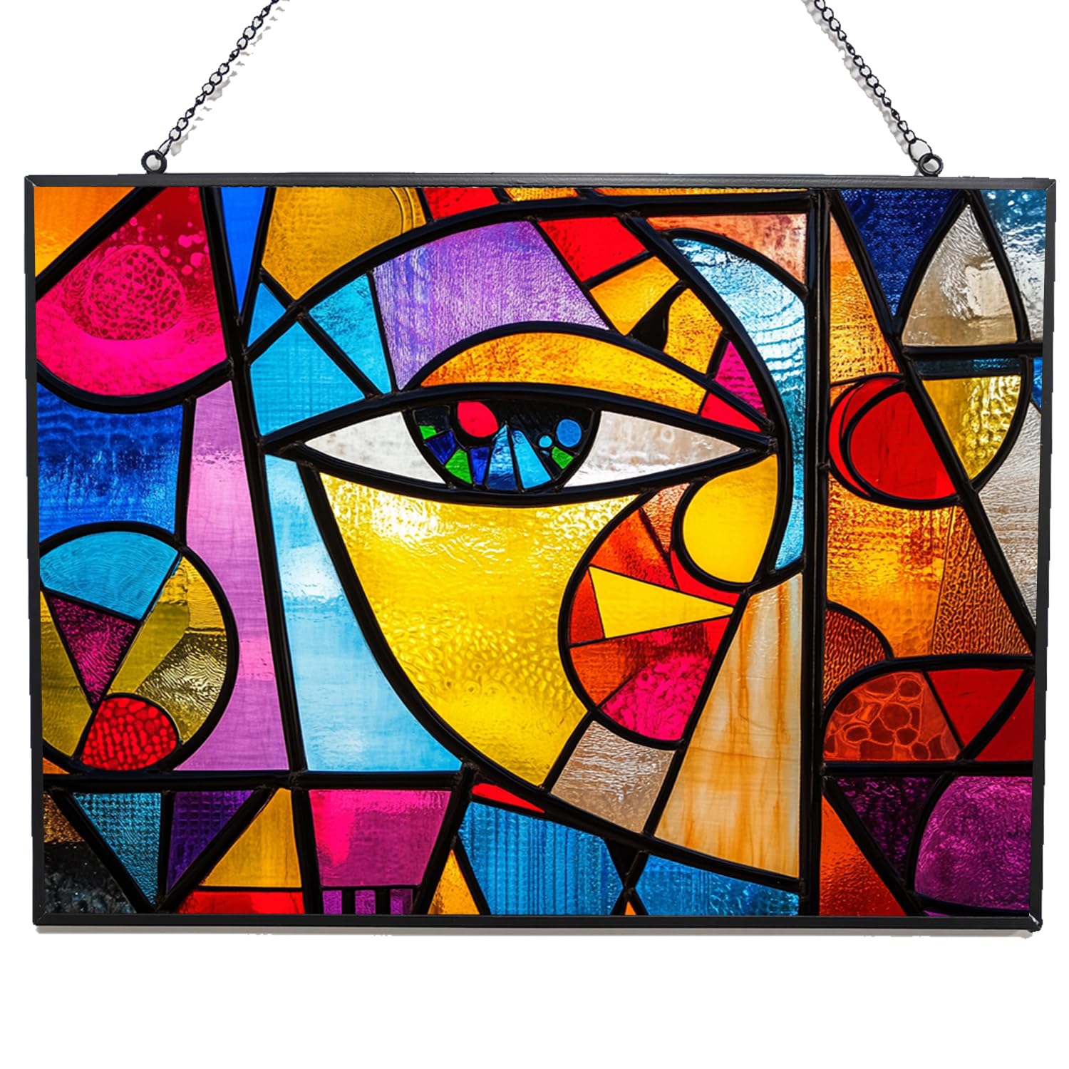 365CUSGIFTS Rectangle Abstract Face Stained Glass Window Hangings, Cat Butterfly Sunflower Handcrafted Stained Glass Suncatchers, Gift for Cat Lovers Nature Lovers 15