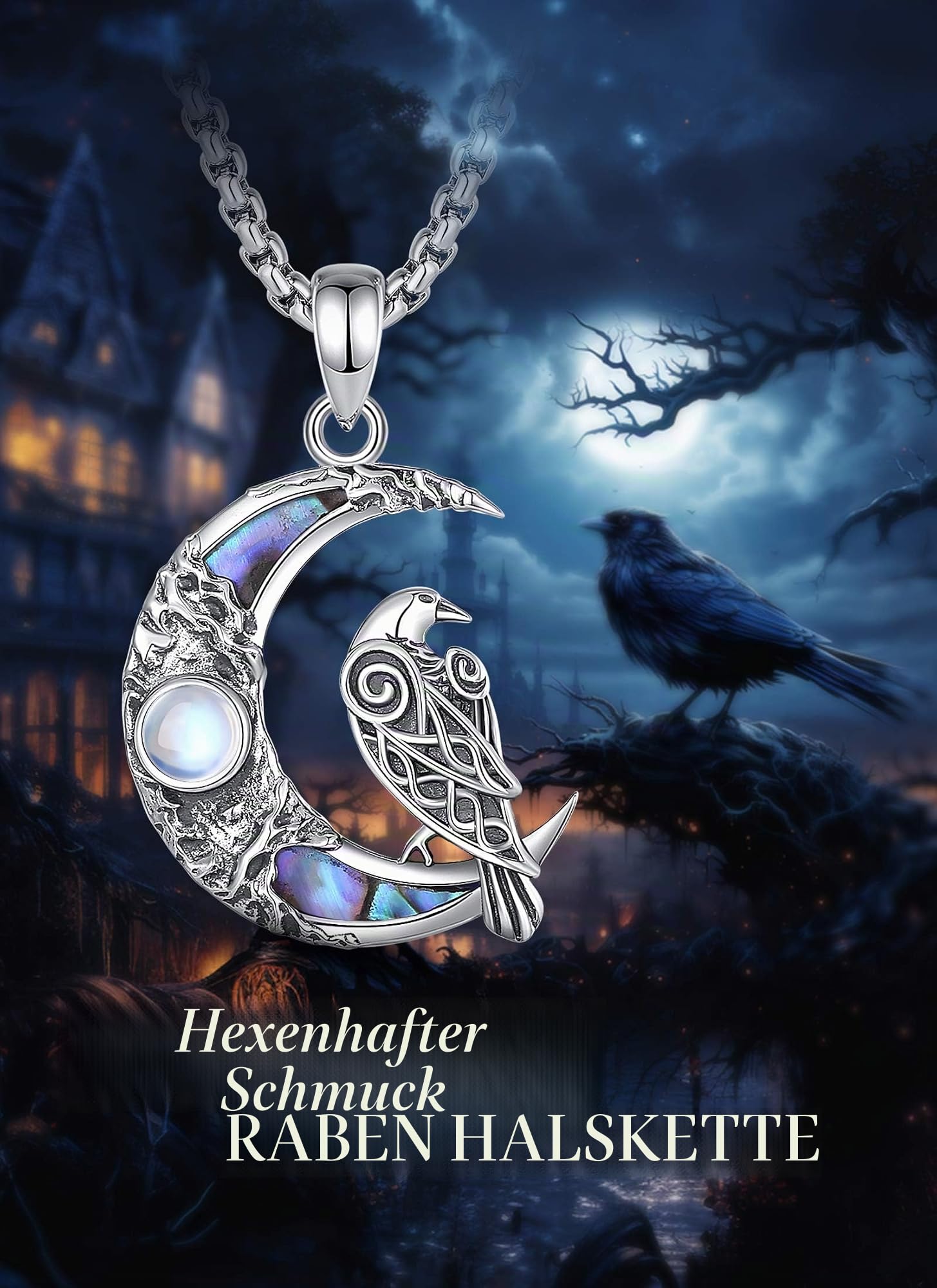 CELESTIA Wicca Mond Kette Damen Mondstein Halskette Silber 925 Hexe Hexen Schmuck Esoterik Spirituelle Geschenke Frauen