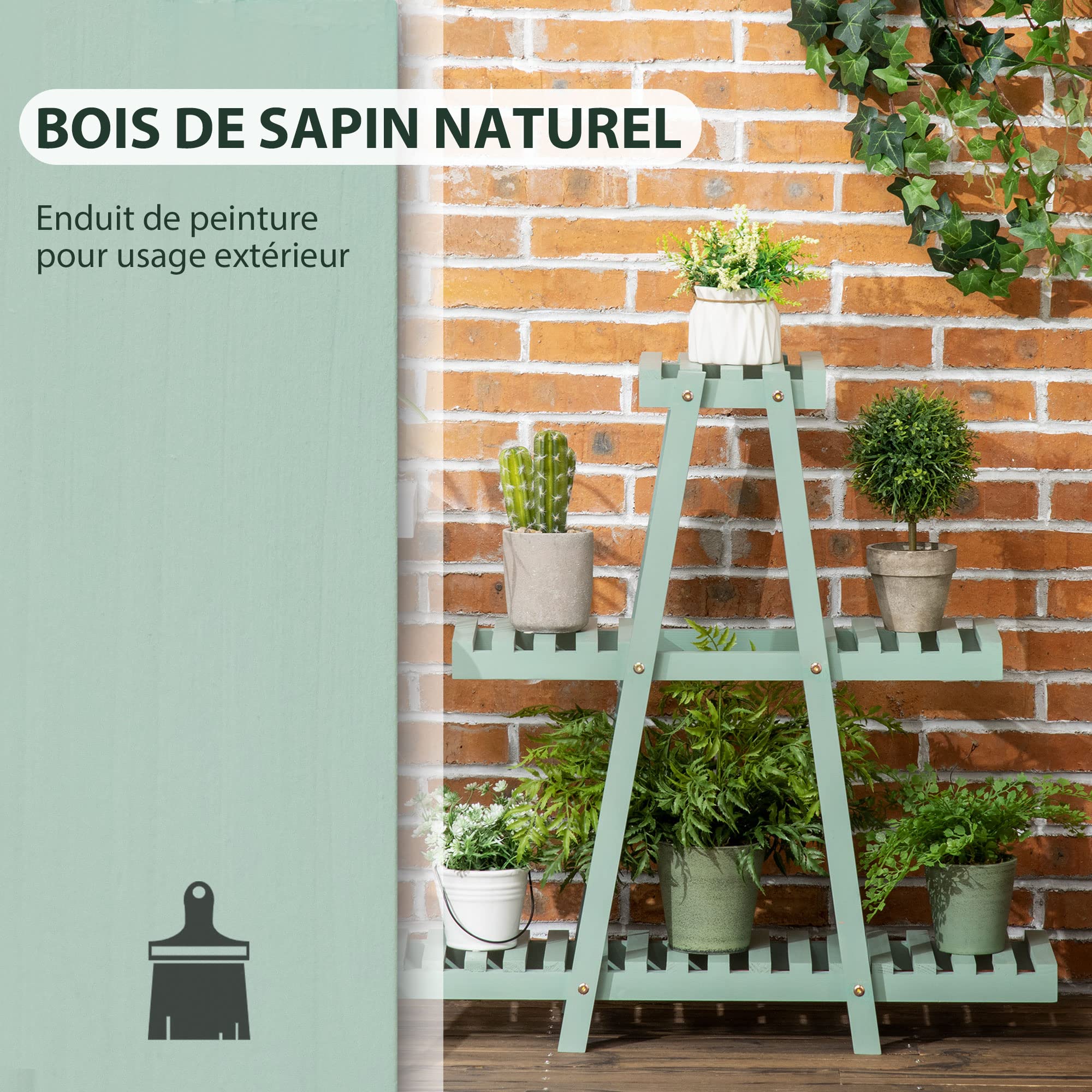 Outsunny Étagère à plantes en bois étagère à fleurs support de pots de fleurs 3 niveaux de rangement - 76 x 26 x 76 cm - vert