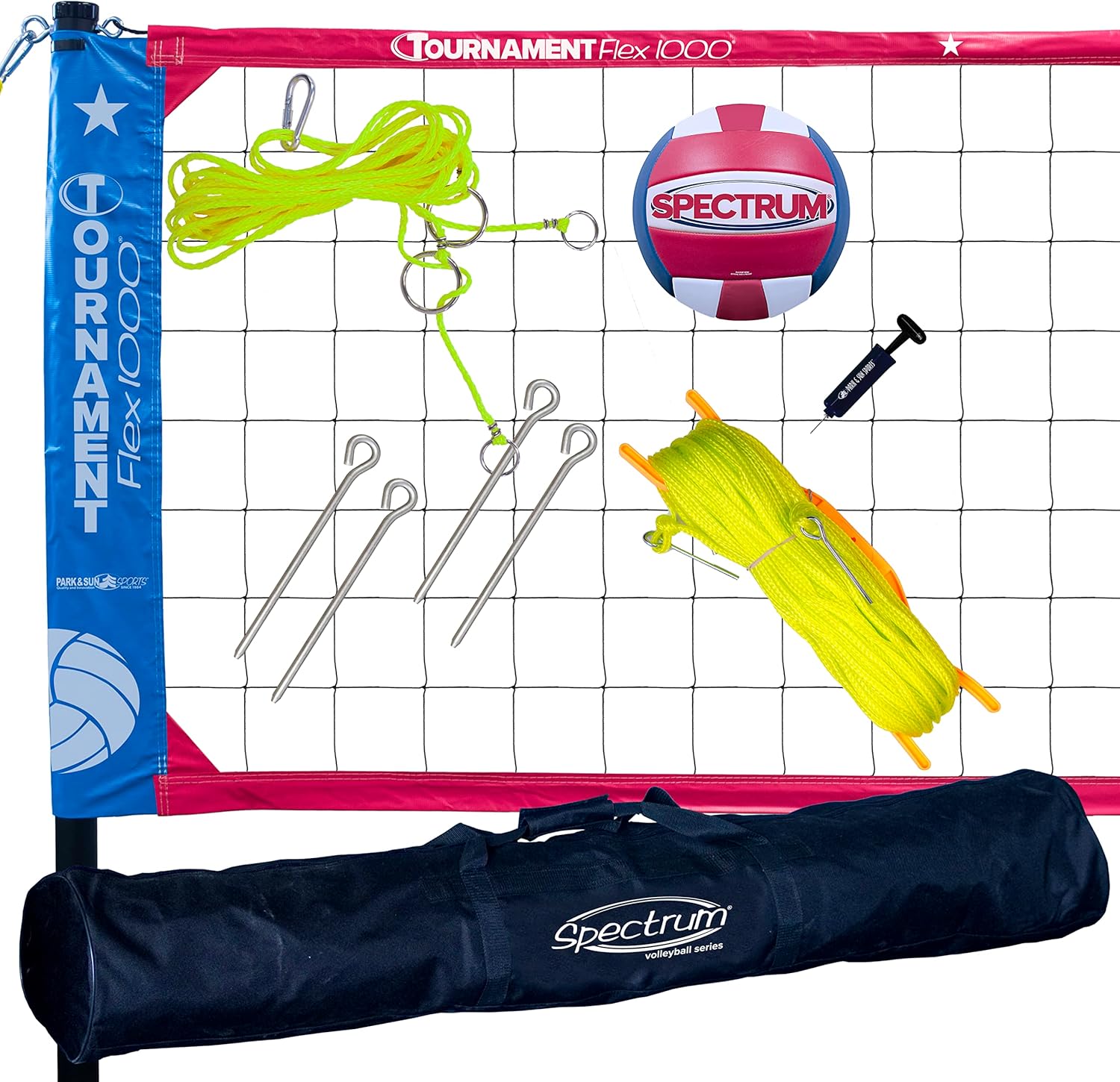 Park & Sun Sports Tournament Flex 1000: Portable Outdoor Volleyball Net System Red White and Blue Net System