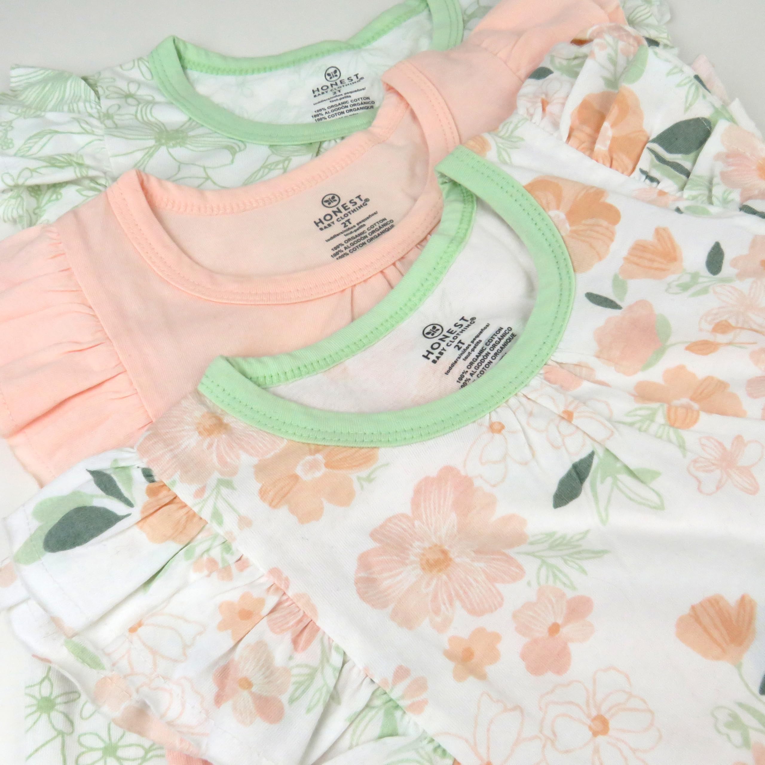 HonestBaby Baby-Girls - Paquete de 3 camisetas sin mangas con volantes, 100% algodón orgánico para bebés y niñas