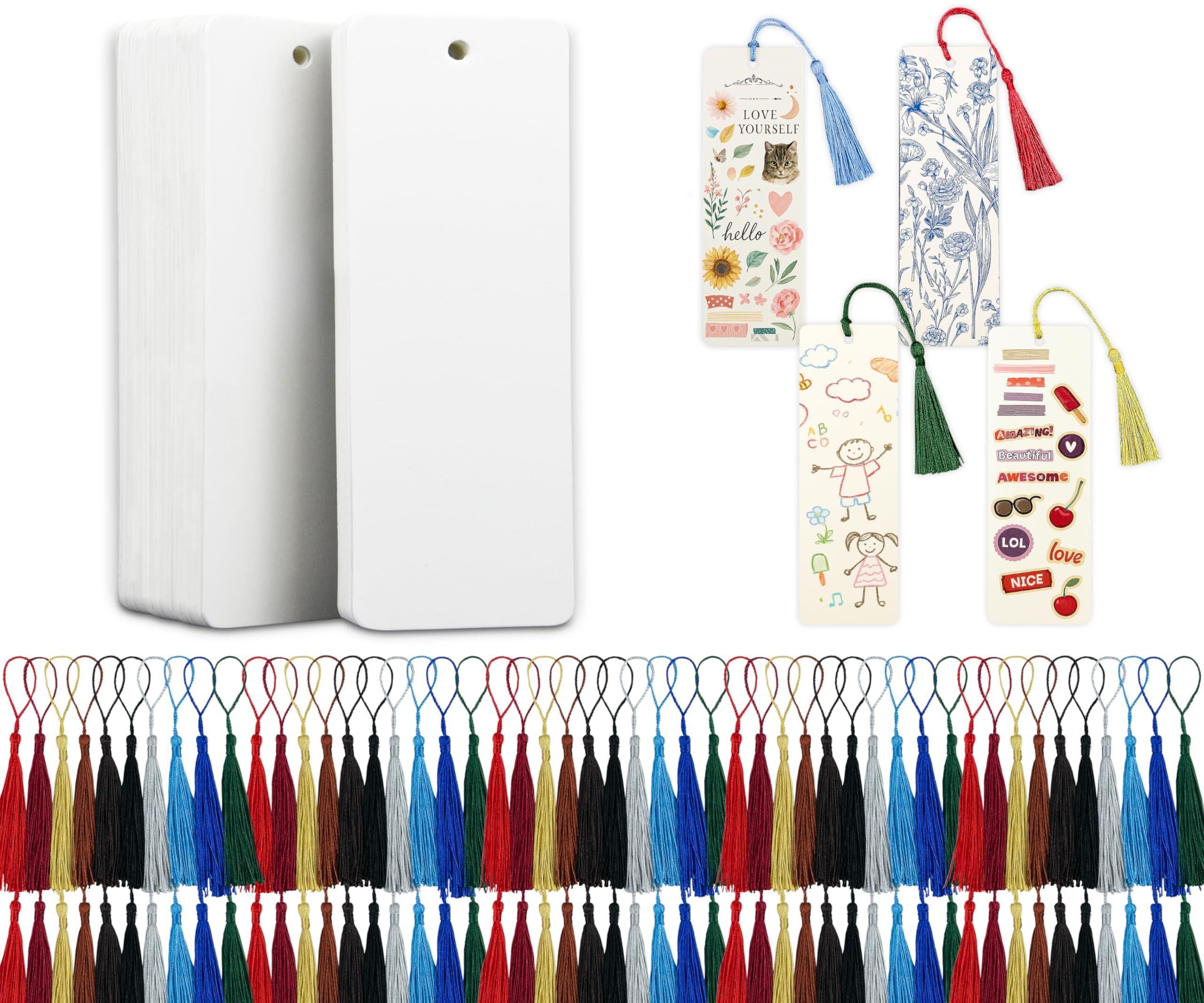 100 Paper Blank Bookmarks with Colorful Tassels – DIY Bookmark Making Kit, White Cardstock Bookmarks Bulk for Crafting, Painting & Decorating, Plain