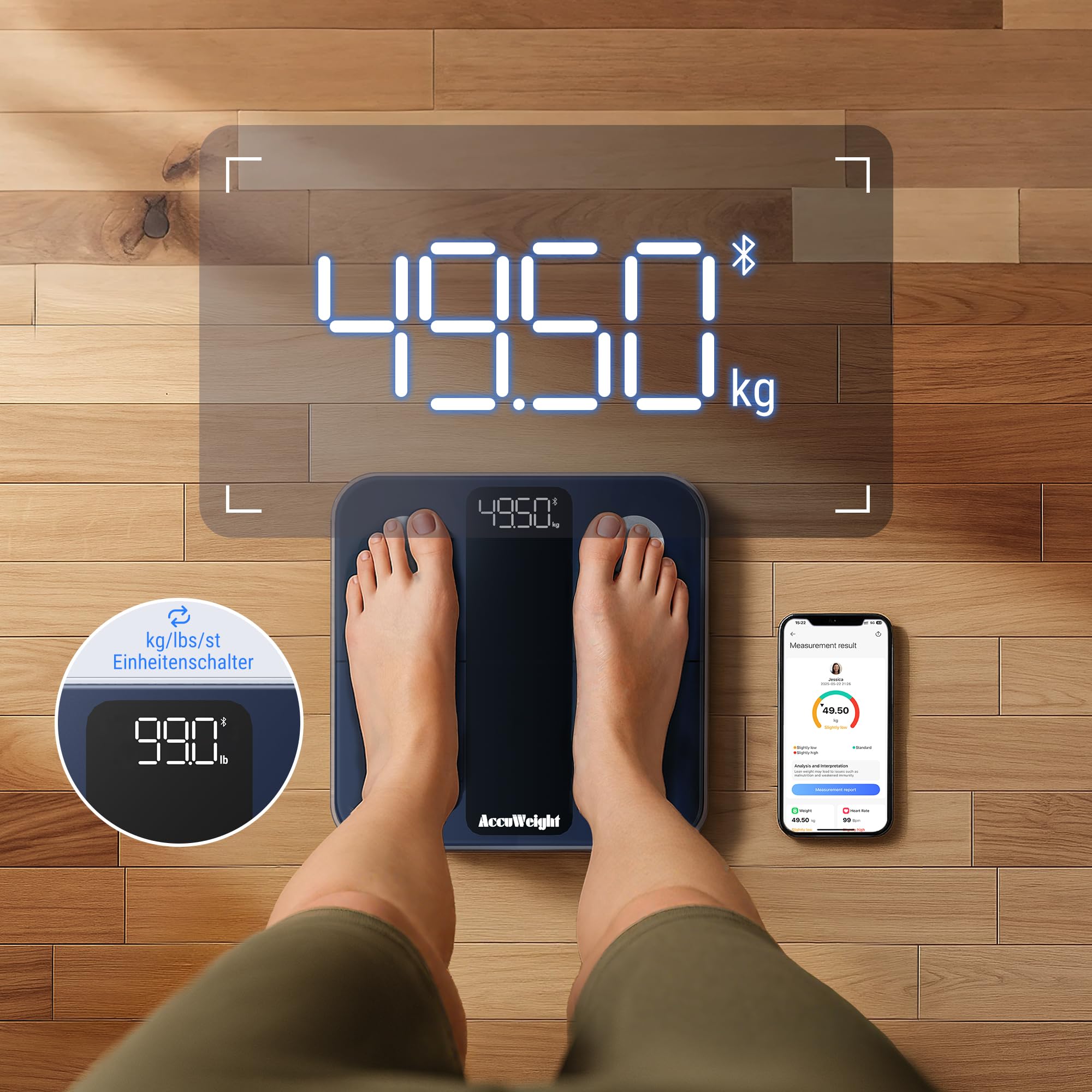 ACCUWEIGHT Körperfettwaage Personenwaage Waage Personen 180KG mit Körperfett und Muskelmasse Bluetooth Körperanalysewaage mit APP Digitale Körperanalysegerät für 17 essentielle Körperwerte