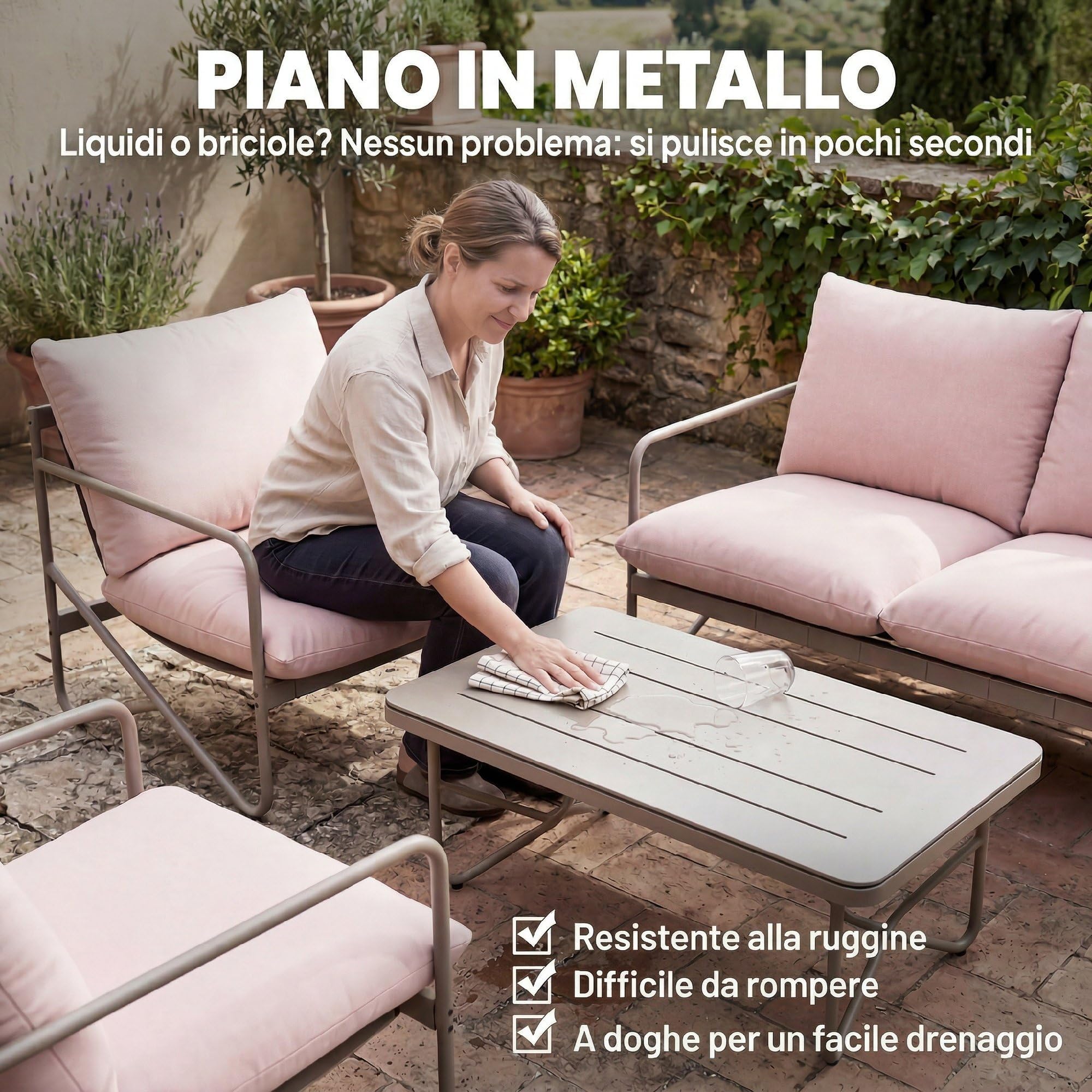 Outsunny Set Salotto da Giardino 4 Pezzi, Set di Mobili da Giardino in Metallo con Divano 2 Posti, 2 Poltrone, Tavolino con Piano Metallo, Cuscini Spessi, Salottino da Esterno per Patio Balcone, Rosa