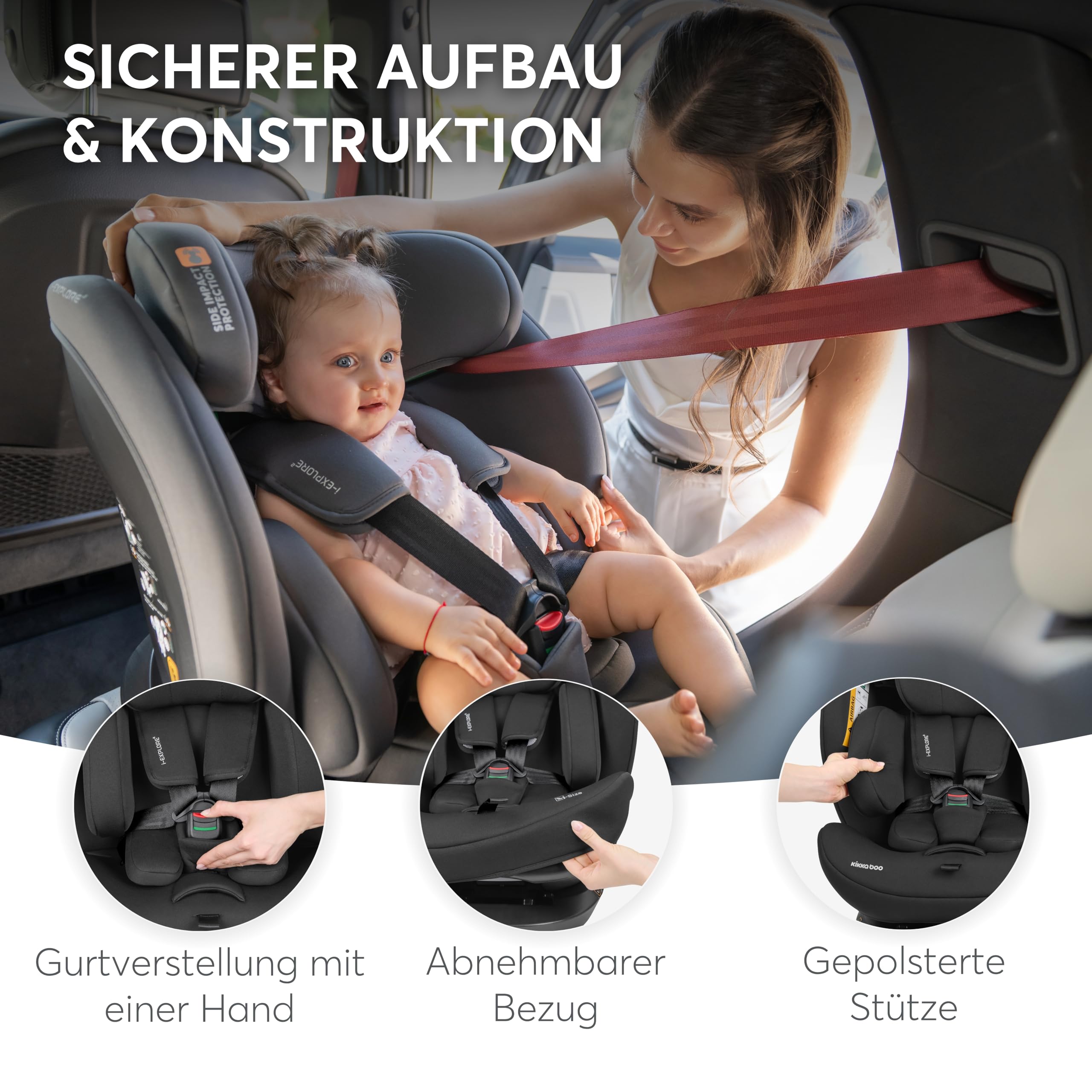 KikkaBoo Kindersitz 9-36 kg i-EXPLORE 2, 40-150 cm, Gruppe 0 1 2 3, i-Size, Rückwärts & Vorwärts, Liegesitz, 14-fach Kopfstütze, 5-Punkt-Gurt, Schwarz