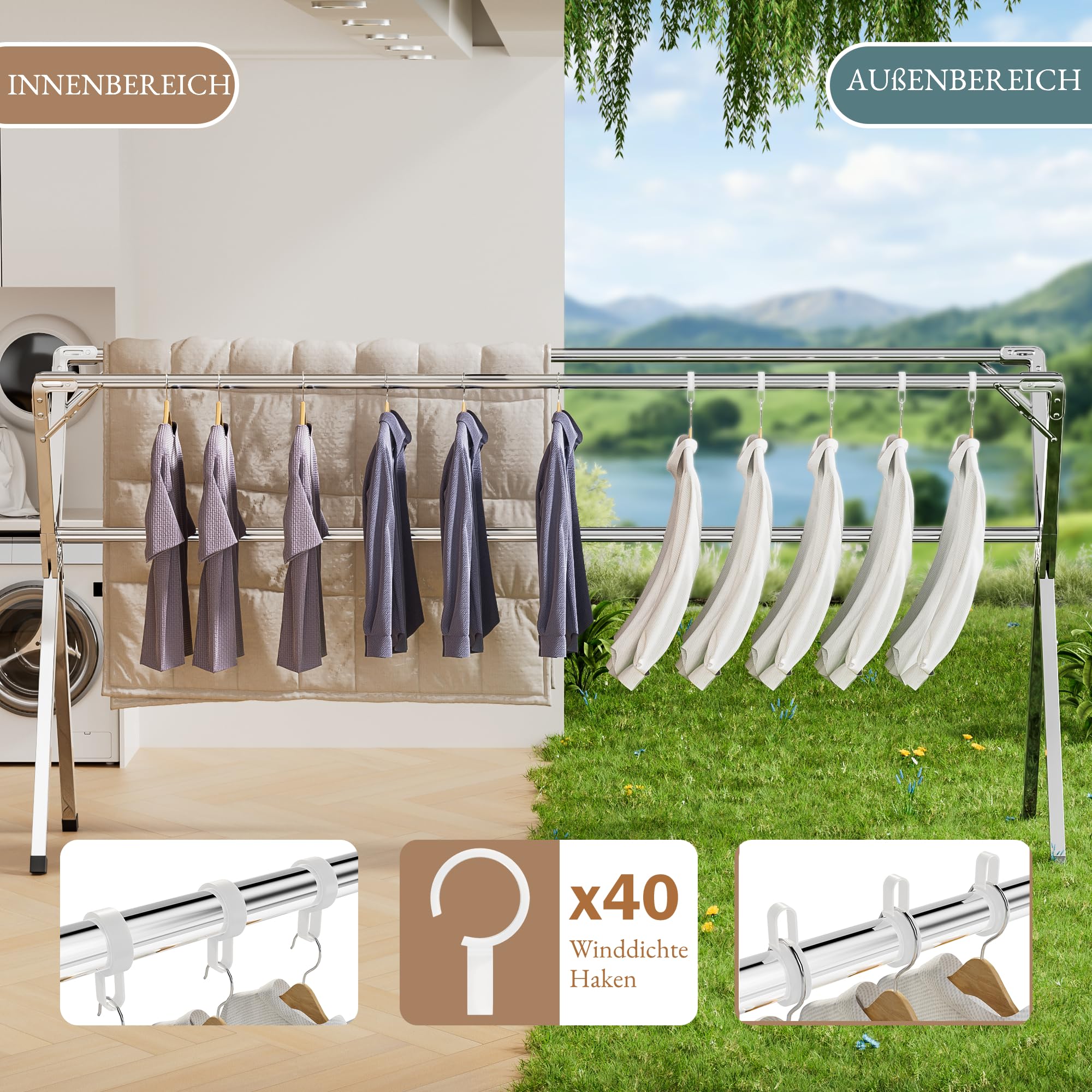 Wäscheständer aus Edelstahl klappbar, verstellbar 140–240 cm | Wäschetrockner Für Innen- und Außenbereiche, Jede Stange bis 60 kg belastbar, mit 40 Winddichte Kleiderhaken