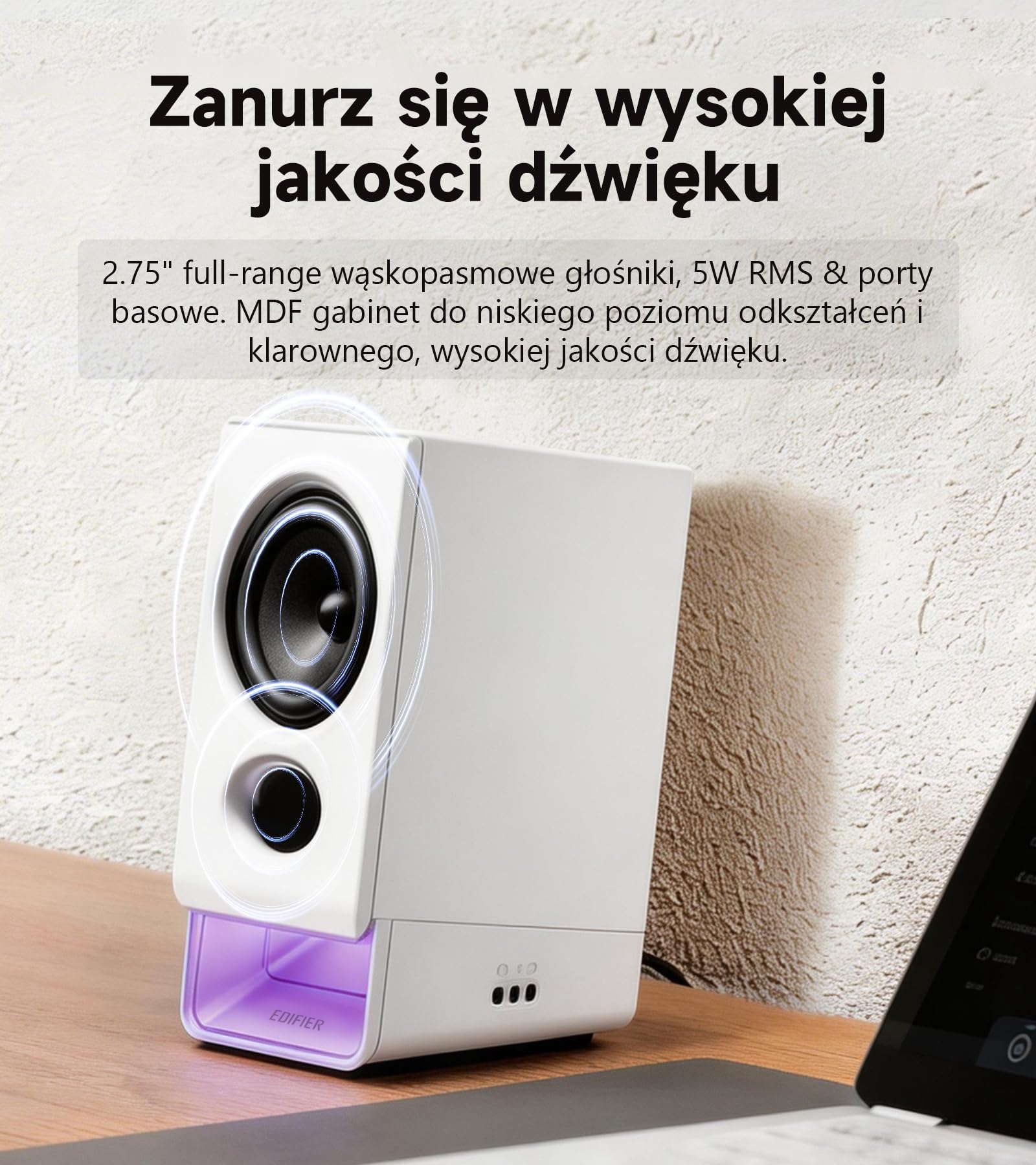 Edifier R20BT głośniki komputerowe USB, sterowniki pełnego zakresu 2,75", Bluetooth 6.0, sterowanie dotykowe, wejście AUX, oświetlenie i profile dźwięku konfigurowalne w aplikacji – Biały