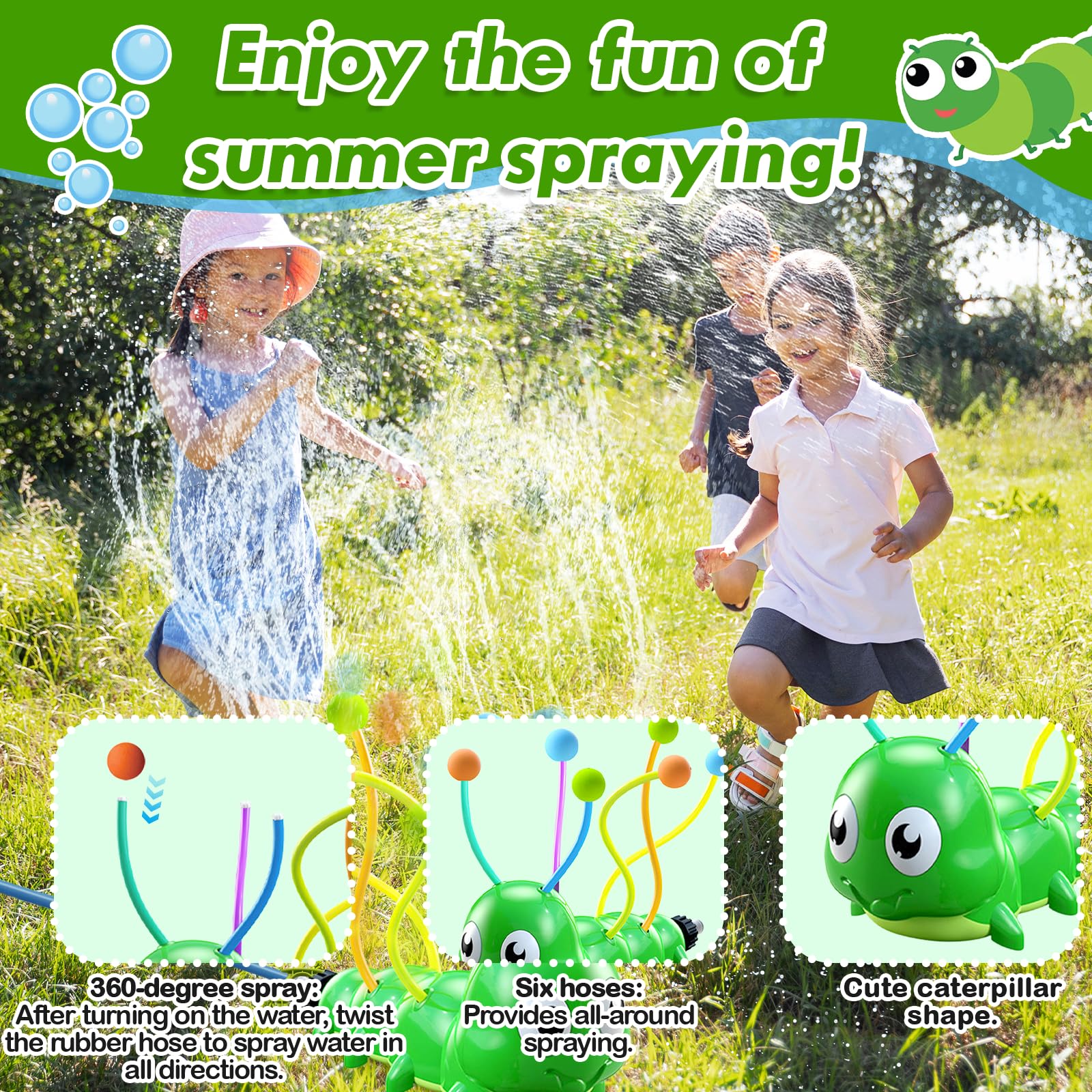 Wasserspielzeug für Kinder Wassersprinkler Raupen-Wassersprinkler mit 6 Schwimmkörpern und Schwammbällen, Sommerspielzeug für draußen 3–12Jahre Garten Hinterhof Rasen Wasserspaß garantiert