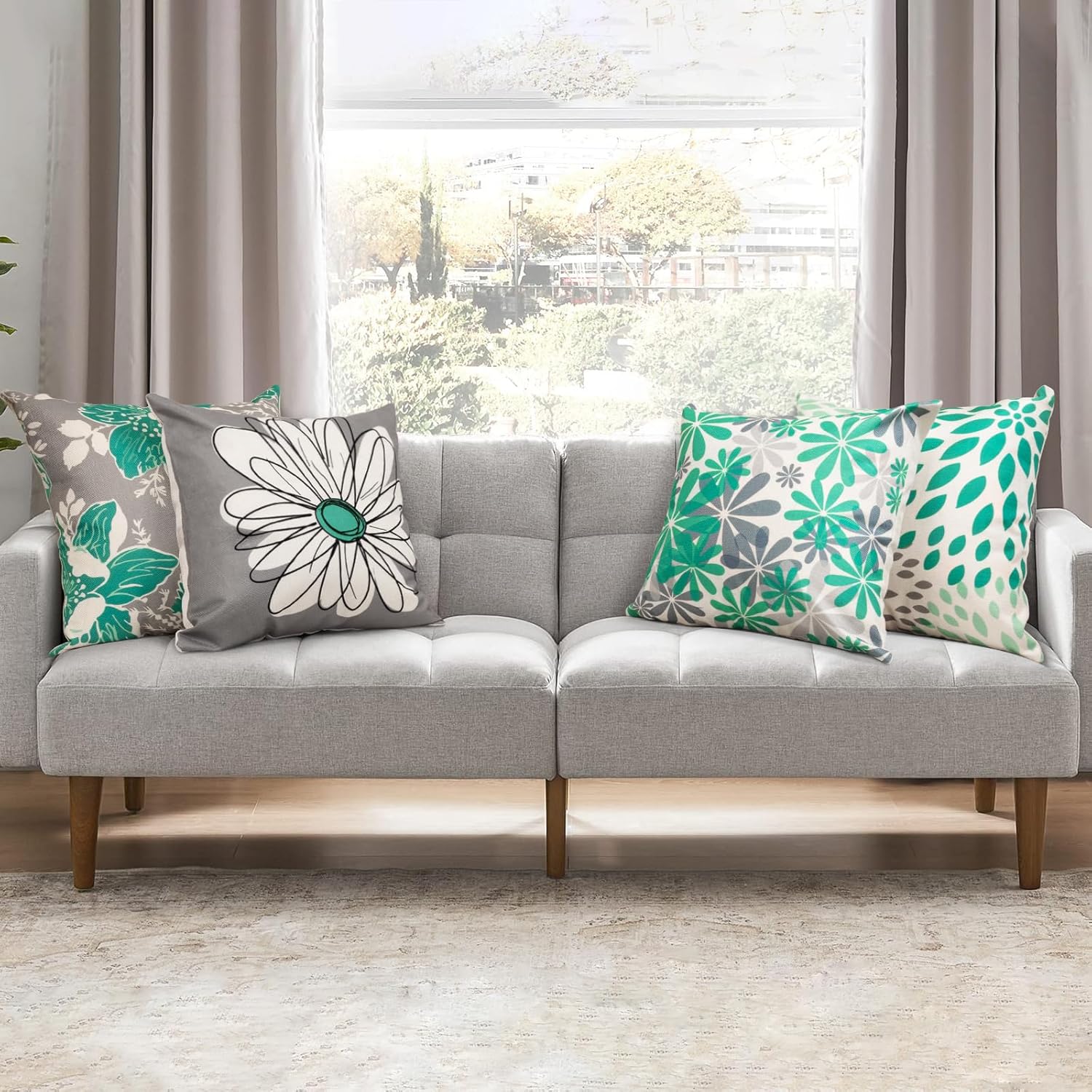 Baidast Teal Decorative Throw Pillow Covers 20x20 Set of 4, Teal and Grey Modern Daisy Floral Pillows Linen Pillow Covers for Couch Sofa Living Room