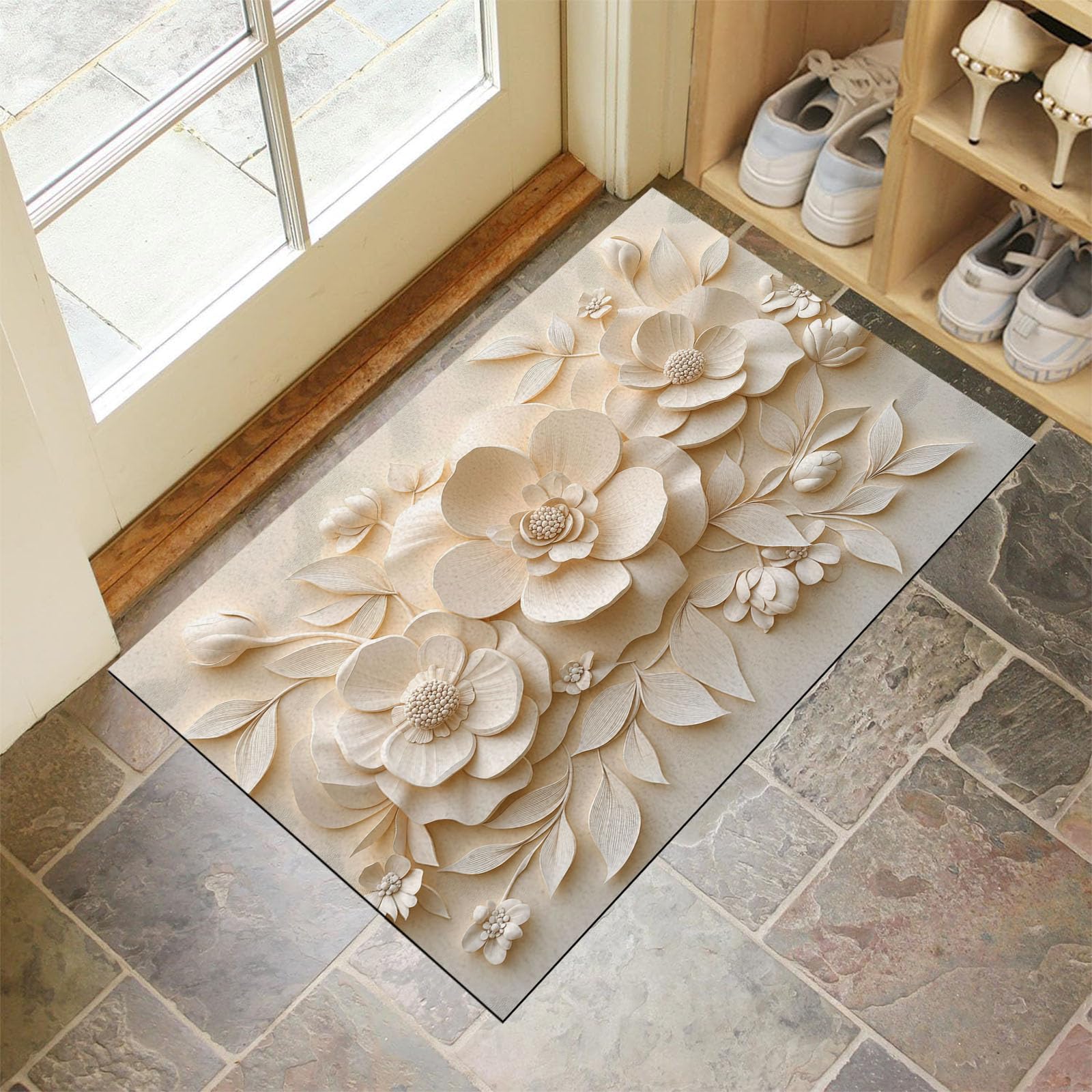 Zerbino Ingresso Interno Rilievo Floreale 3D Elegante, Zerbino Di Benvenuto Lavabile Morbida Estetica Delicata Delle Piante, Antiscivolo Tappeto Da Decorazioni Beige Per Casa Porta, 60X90Cm