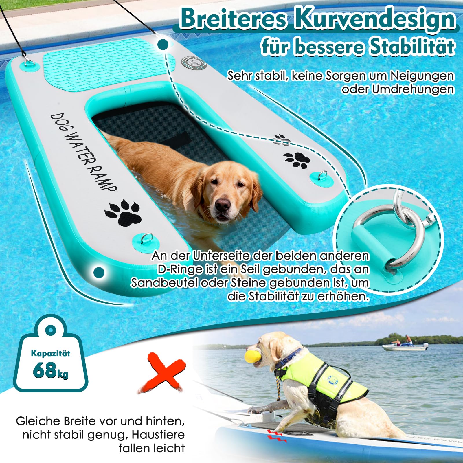 Rampa d'acqua per cani, extra larga, scaletta per piscina, docking e barca, rampa per animali domestici con passaporti antiscivolo, scaletta per cani da 68 kg, colore: blu