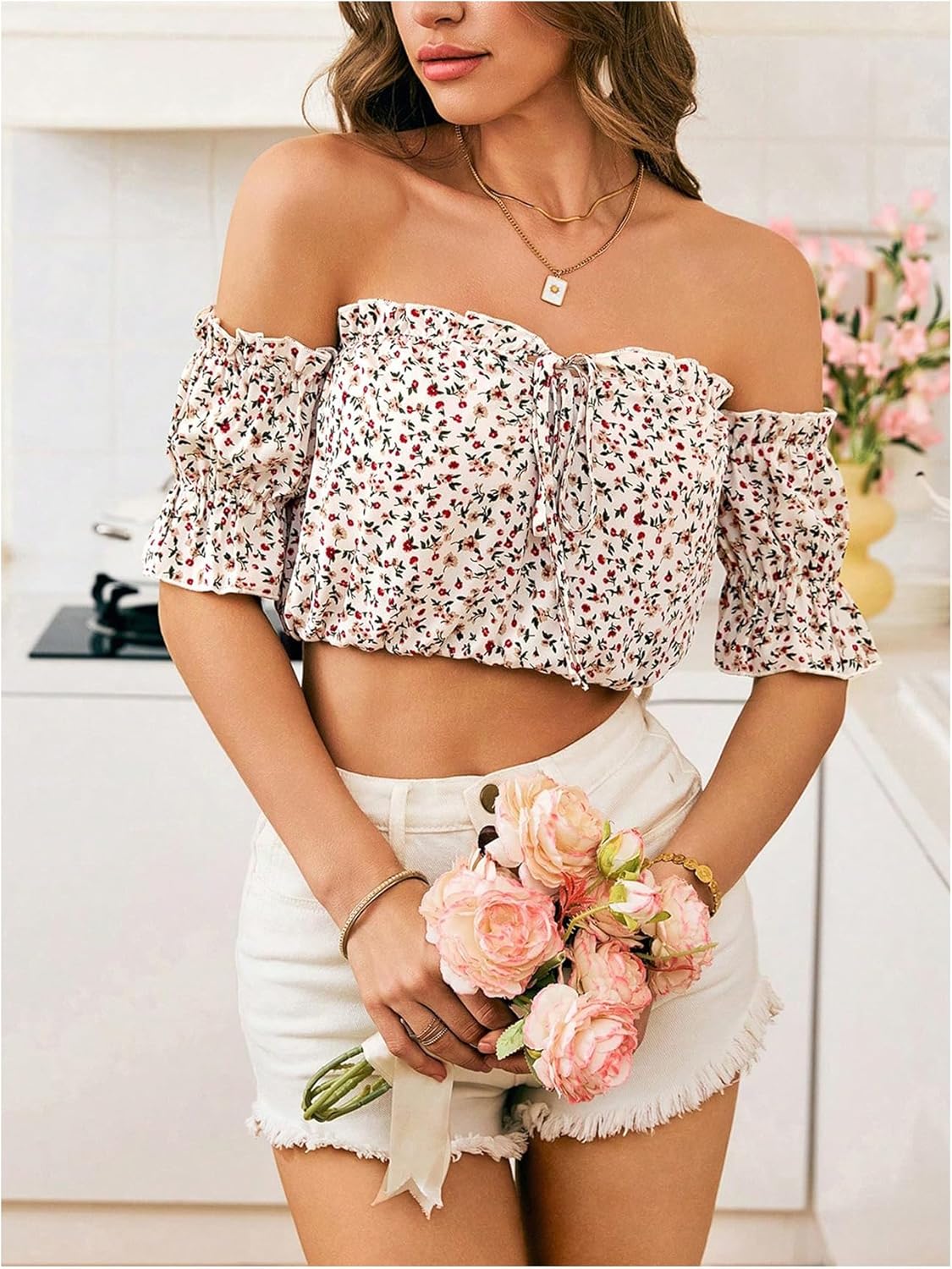 MakeMeChic Women's Ditsy Floral Blouse Off The Shoulder Short Sleeve Summer Boho Crop Tops - Image 5