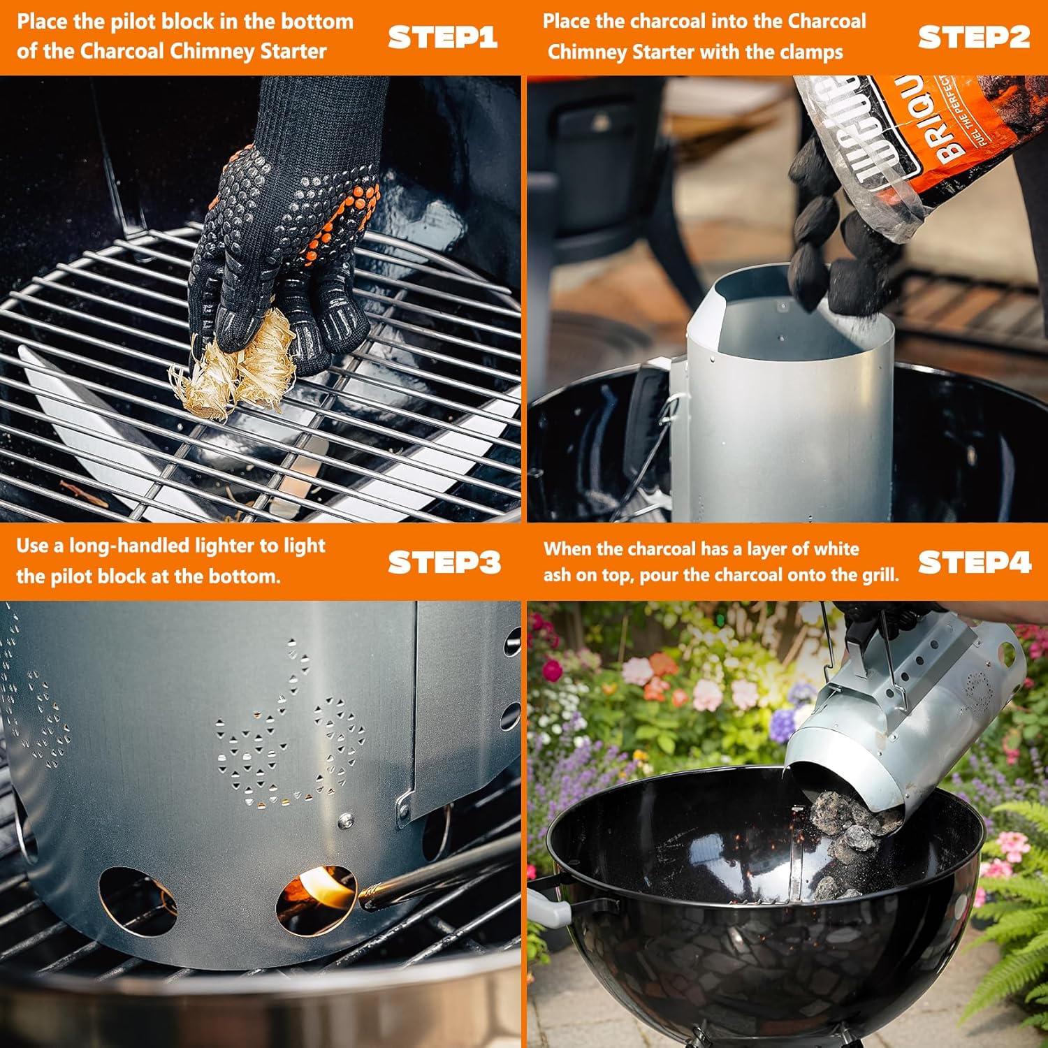 onlyfire Large Charcoal Chimney Starter for Charcoal Grill Rapid BBQ Fire Starter Kit with 50Pcs Charcoal Starters, BBQ Accessory with Heat Shield & Stay-Cool Handle