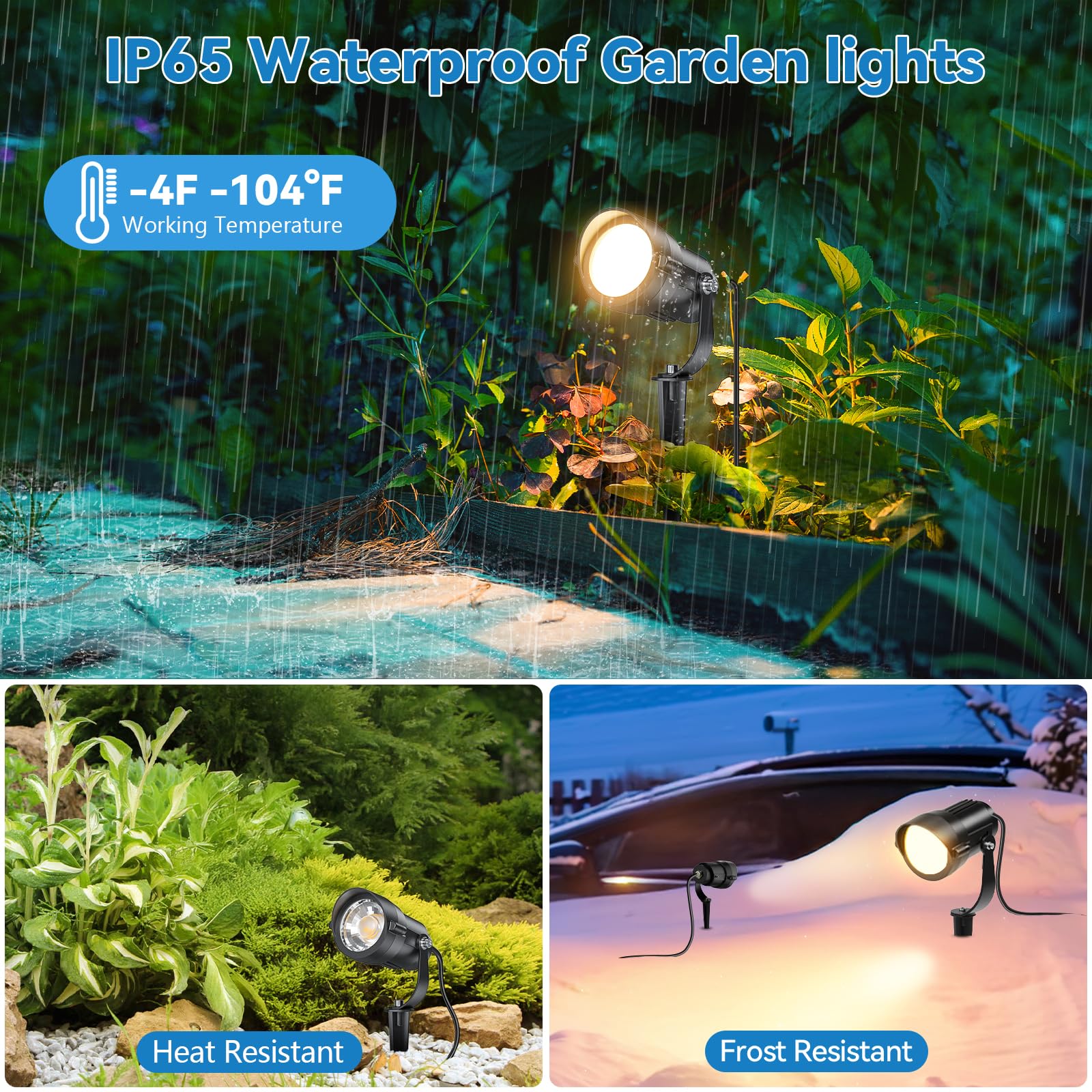 HIBOITEC Juego de 4 Focos de Jardín 12W 1320 Lúmenes, Luz Blanca Cálida 2700K, Focos LED Impermeables IP65 con Pica y Enchufe 1.5m, para Patio, Terraza, Jardín y Caminos