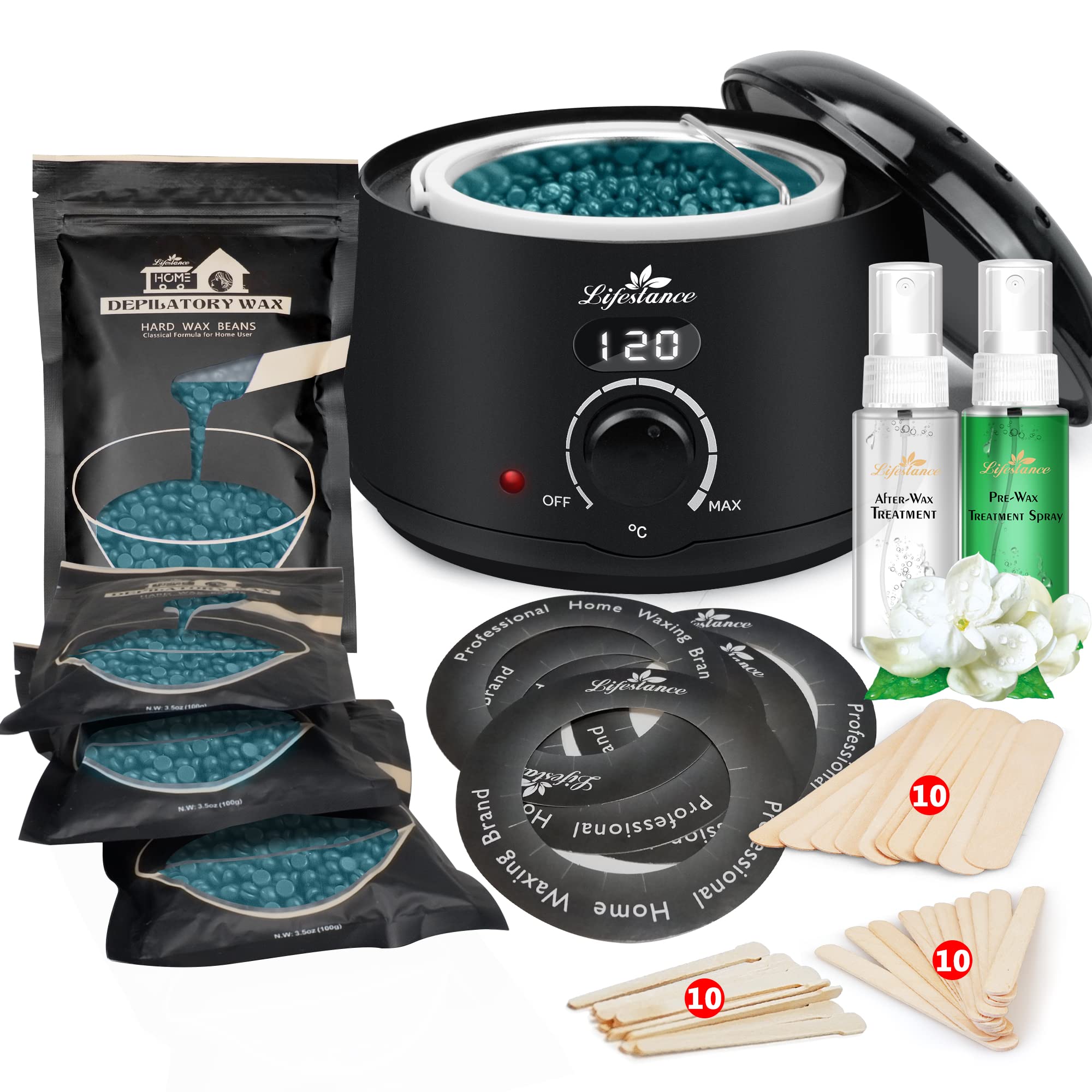 Lifestance Cera Brasiliana Kit, Scaldacera Professionale con 4 Sacchetti di Perle di Cera,30 Spatole Riscaldatore Ceretta, Anello Antivegetativo,2 Olio per la Cura Prima e Dopo e Display Digitale LCD 4 pacchetti di fagioli di cera