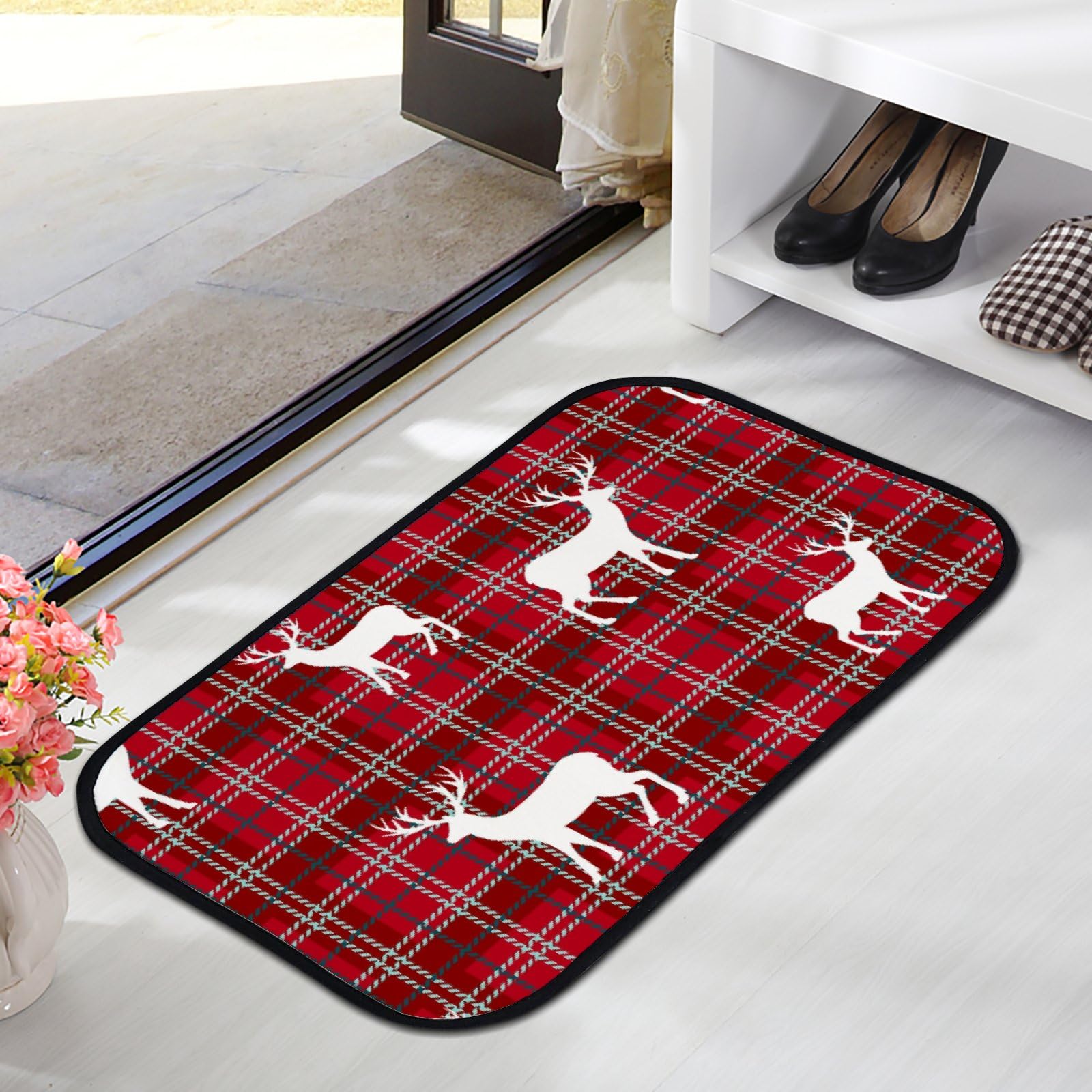 Nuansexi Bathroom Rugs Traditional Pattern Deers Floor Mats Non Slip Bathmat Doormat Tub Mat Coral Velvet Absorbent Entrance Carpet Mats Machine Washable Bedroom Decor