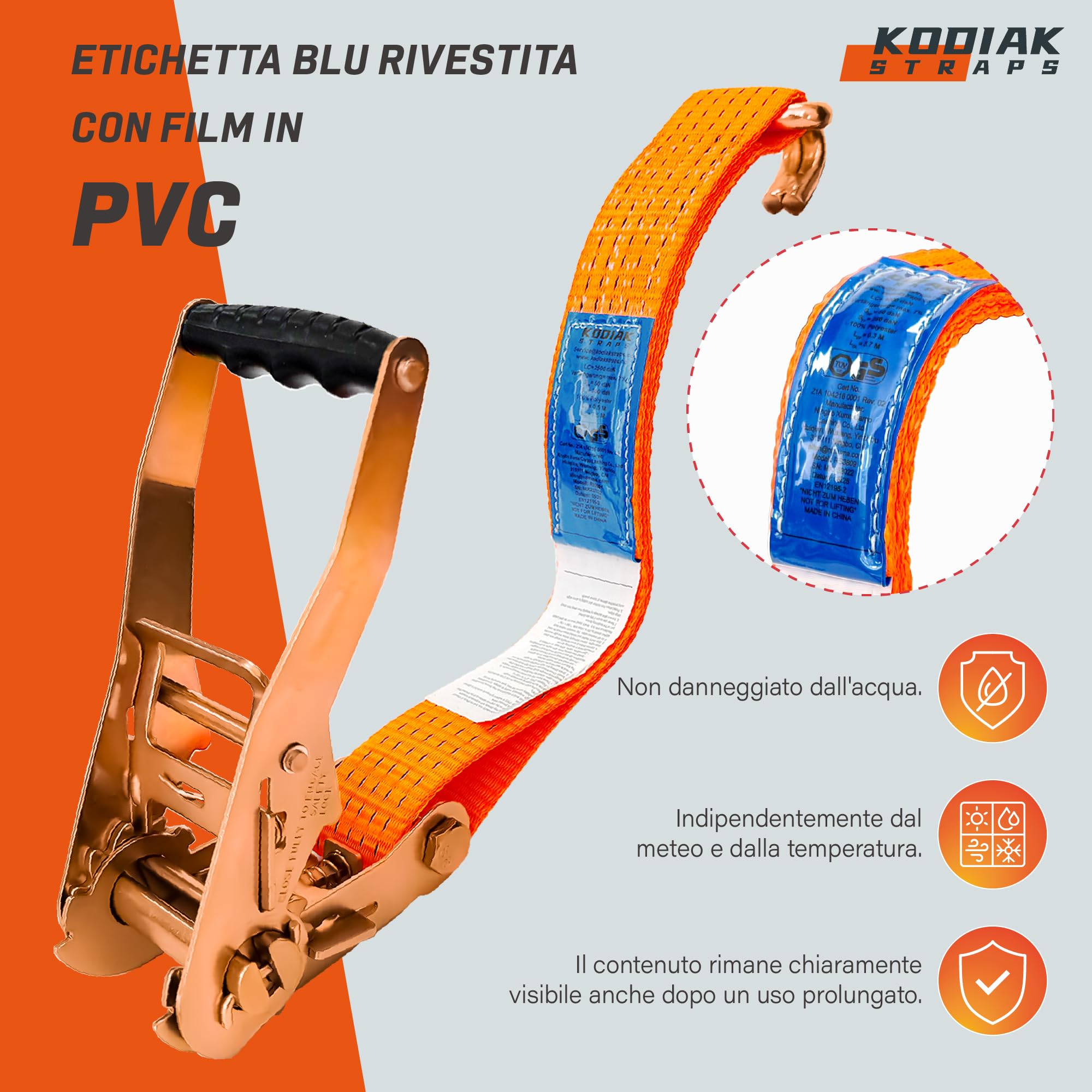 4 Cinghie di Tensione 8m x 4000kg con Cricchetto e Ganci - Cinghie a Cricchetto da 50mm - Cinghia Arancione per la Sicurezza del Carico - Certificato TÜV/GS e secondo DIN EN 12195-2 - KODIAK STRAPS