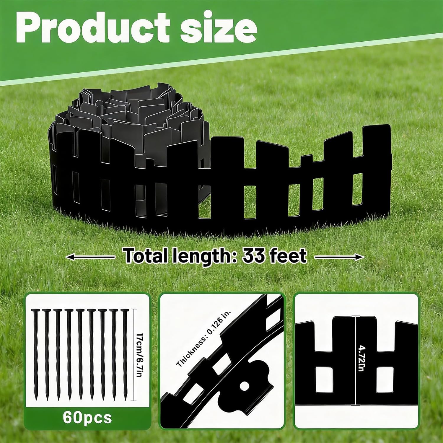 Garden Edger Border 33FT, Garden Fence Border 4.6IN Tall Flexible Garden Edging Border with 60 Stakes, No-Dig Plastic Landscape Edging for Yard Flowerbeds Tree Grass (Black, 33FT)