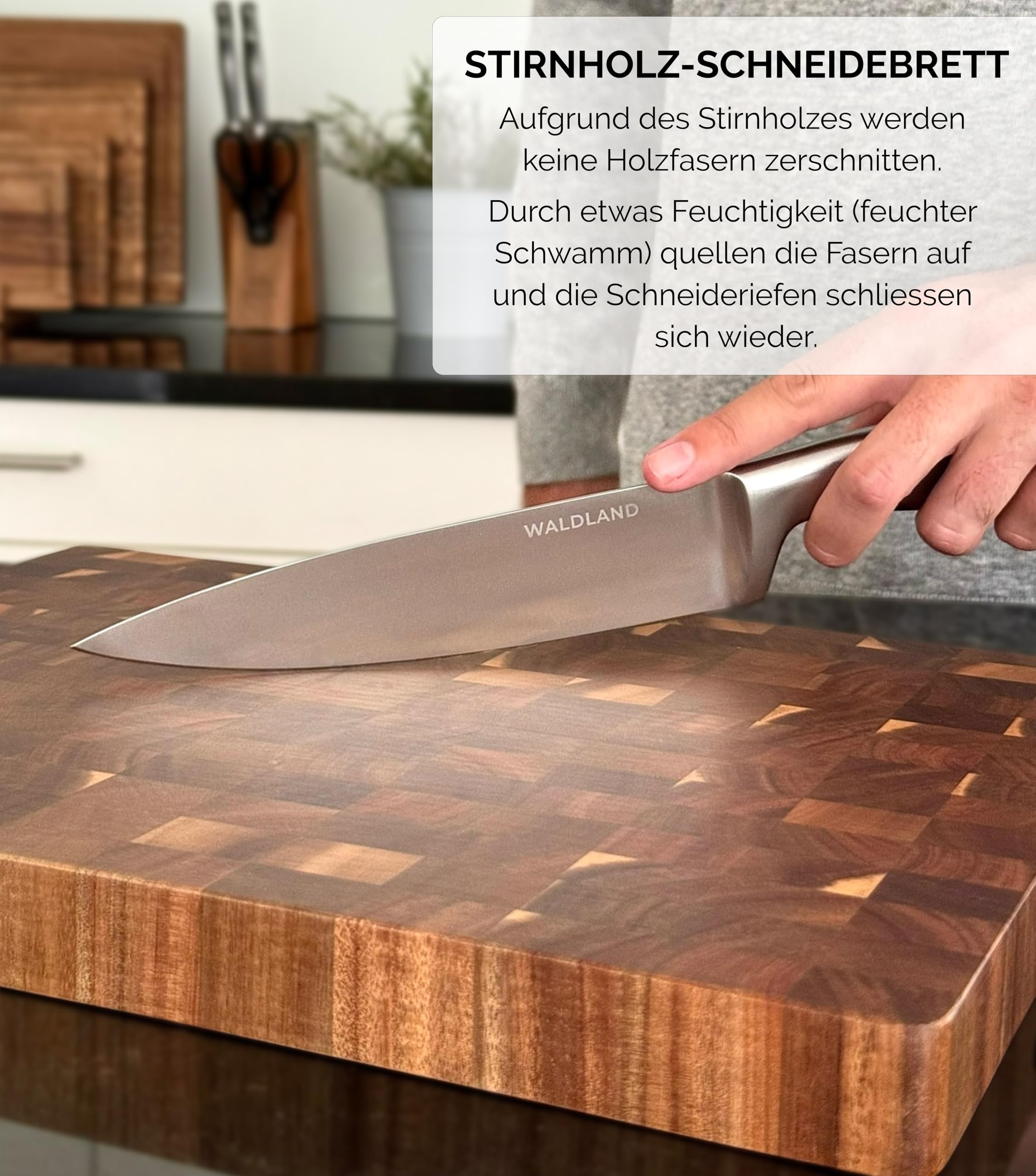 WALDLAND Premium Schneidebrett Holz Groß 40 x 30 x 3 cm I aus robustem Akazienholz I Holzbrett Küche I dickes Schneidebrett mit Saftrille I Stirnholz I Hirnholz (Packung mit 2)
