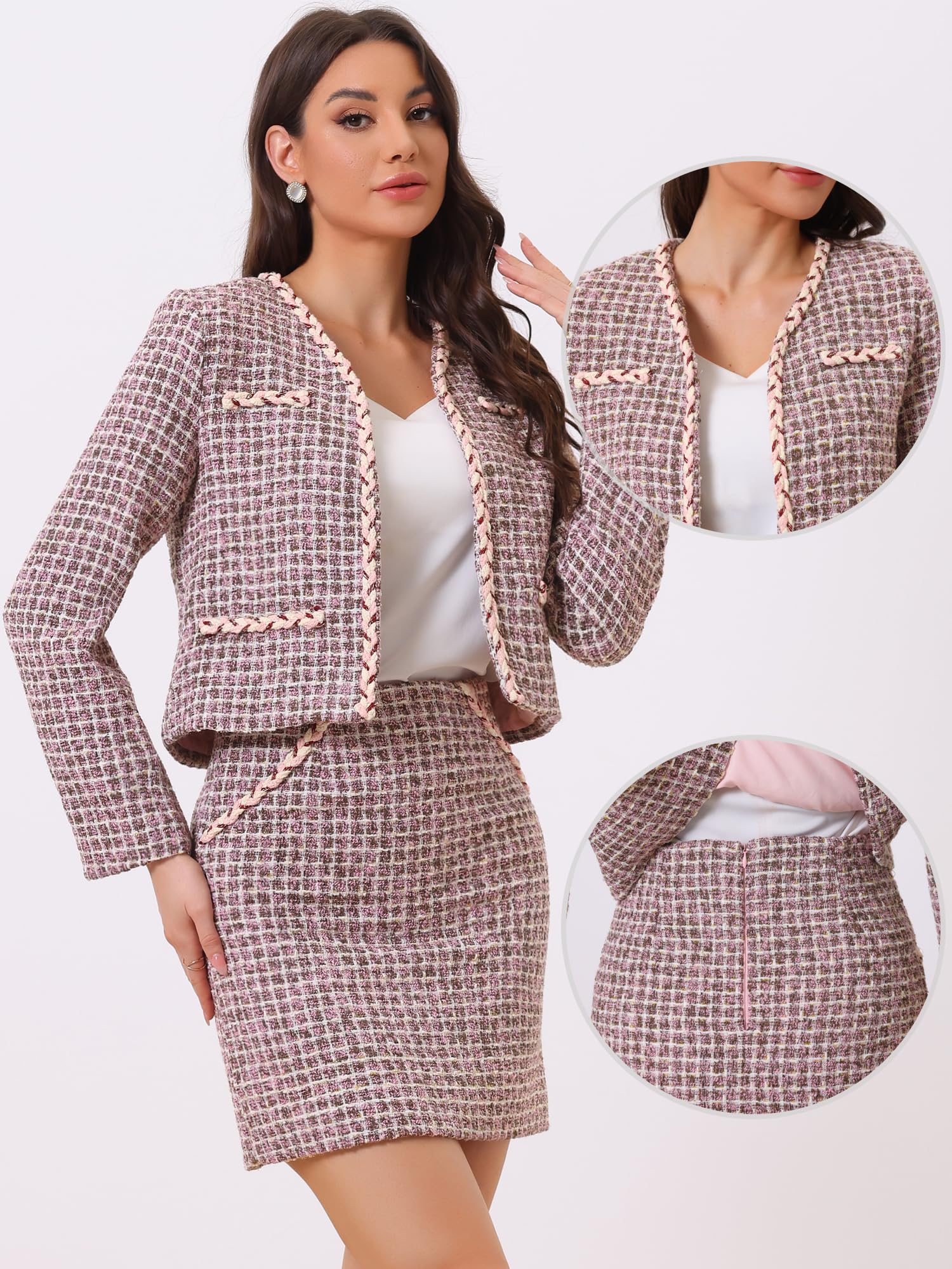 Allegra K Completi in Tweed Scozzese per Set di Giacche e Gonne Corte con Blazer Corto Aperto sul Davanti