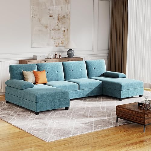 JAMFLY Sectional Sofa Couches for Living Room, U Shaped Sofa Living Room Furniture Sets, 4 Seat Modular Sectional Couch with Chaise, Light Blue