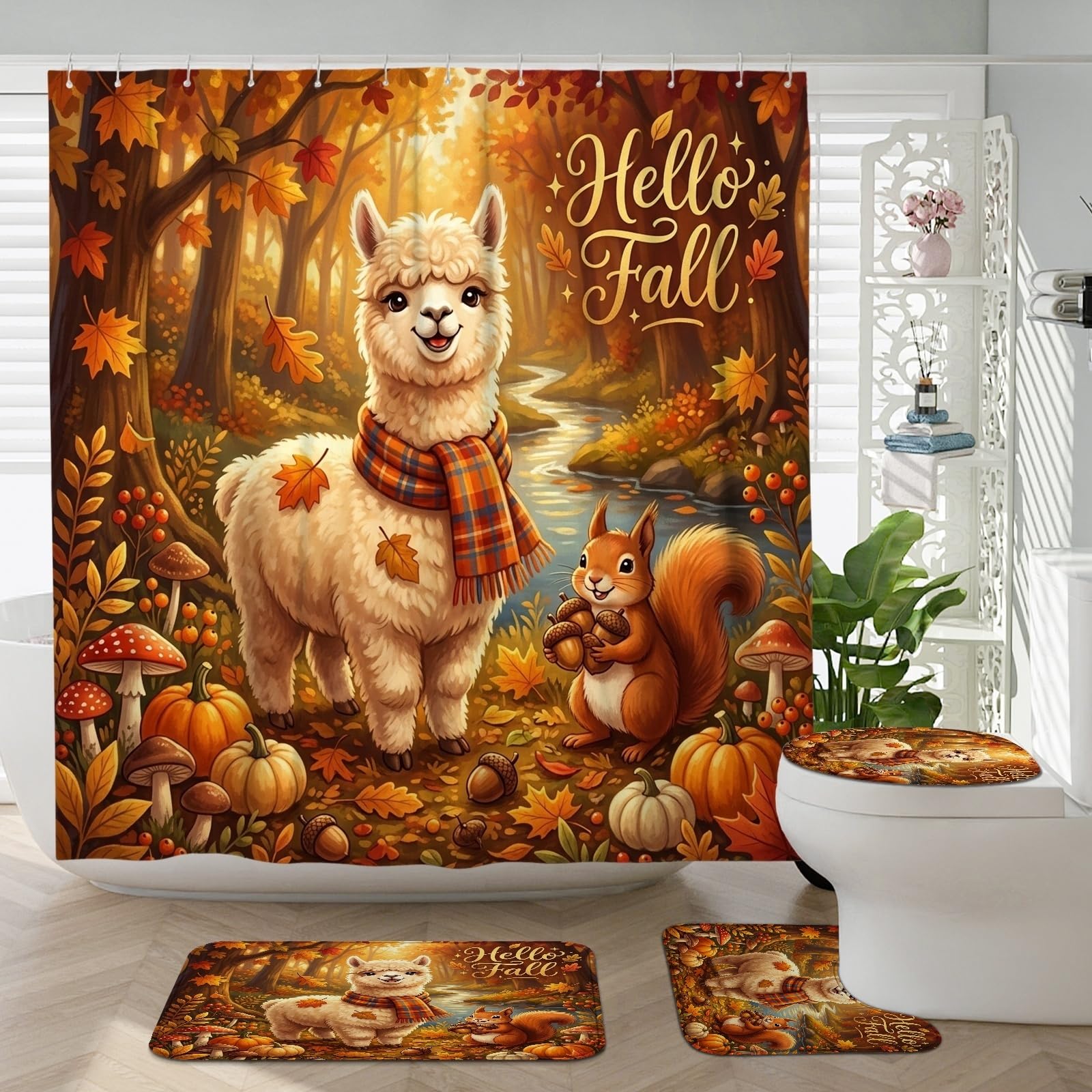 Rideaux de douche lama lot de 4 avec tapis en forme de U et décoration amusante 183 cm