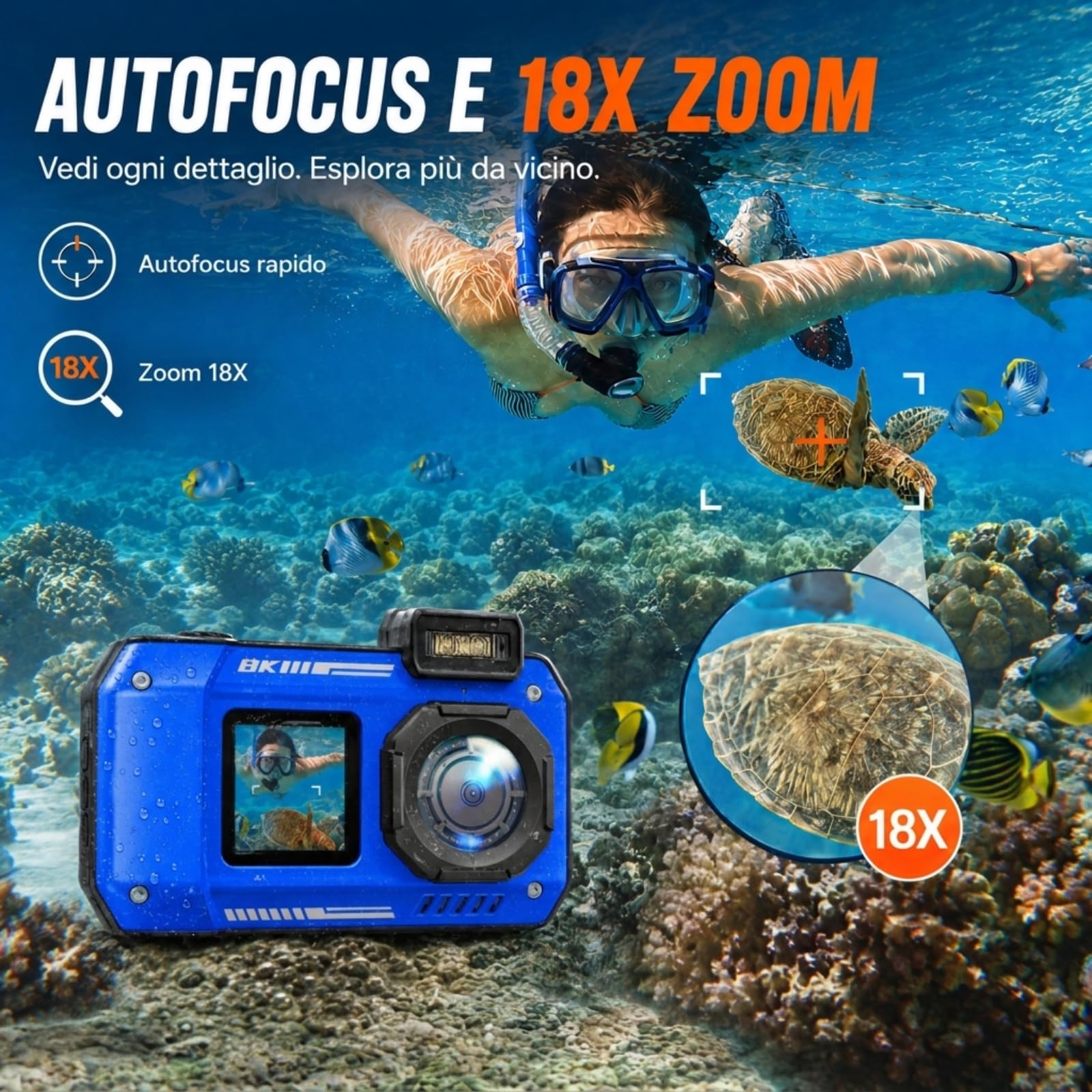 MaxMango D50 33FT Macchina Fotografica Subacquea Impermeabile, 8K 70MP Fotocamera Digitale con 16 GB di Scheda, Doppio Schermo 2.8'' per Selfie, 18x Zoom, Resistente a Polvere e Urti per Snorkeling