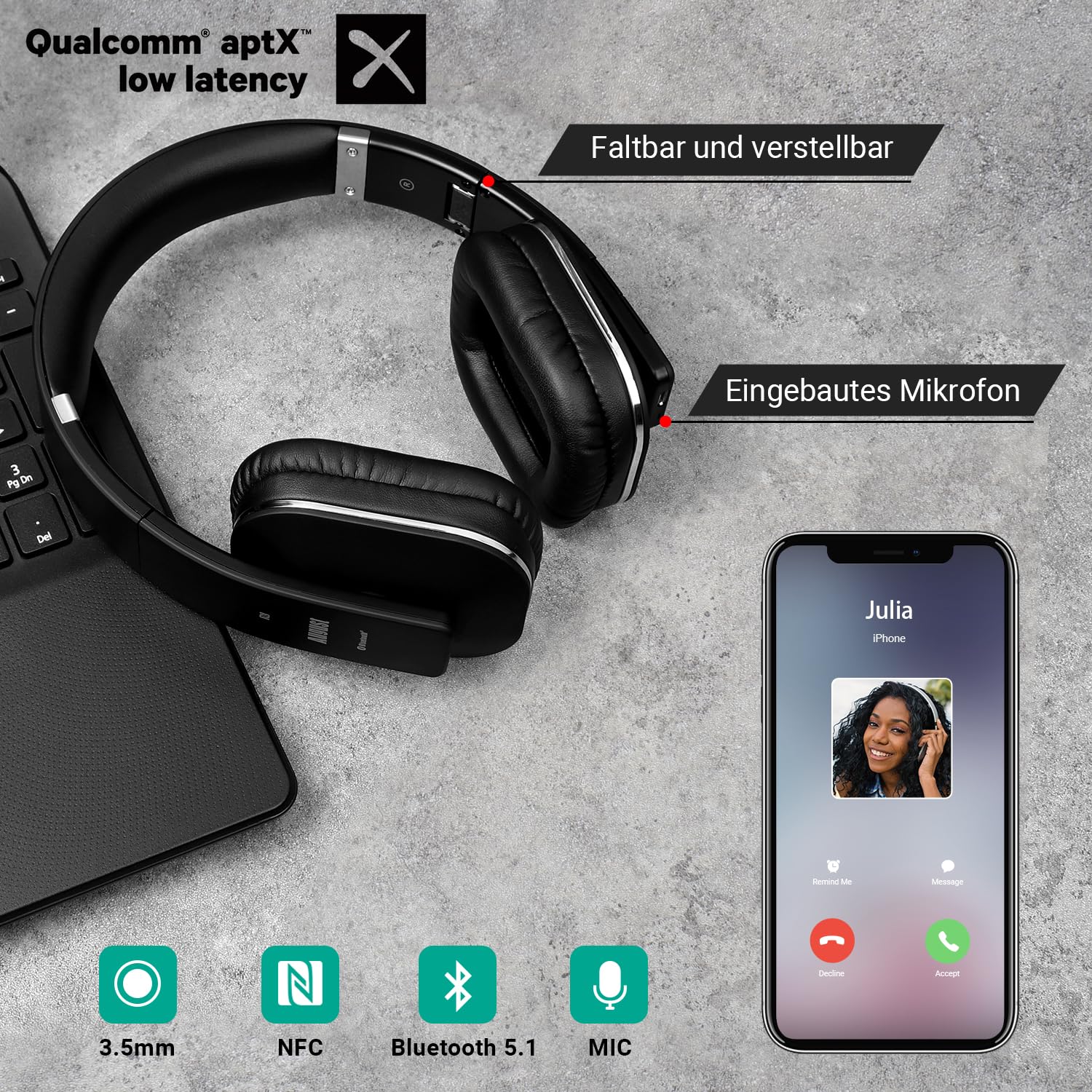 August EP650 - Bluetooth Kopfhörer v4.2 NFC mit aptX Low Latency - Stereo Over Ear Headphones Audio App kabellose Kopfhörer mit Mikrofon für Freisprecher tiefer Bass 15h Akku (schwarz)