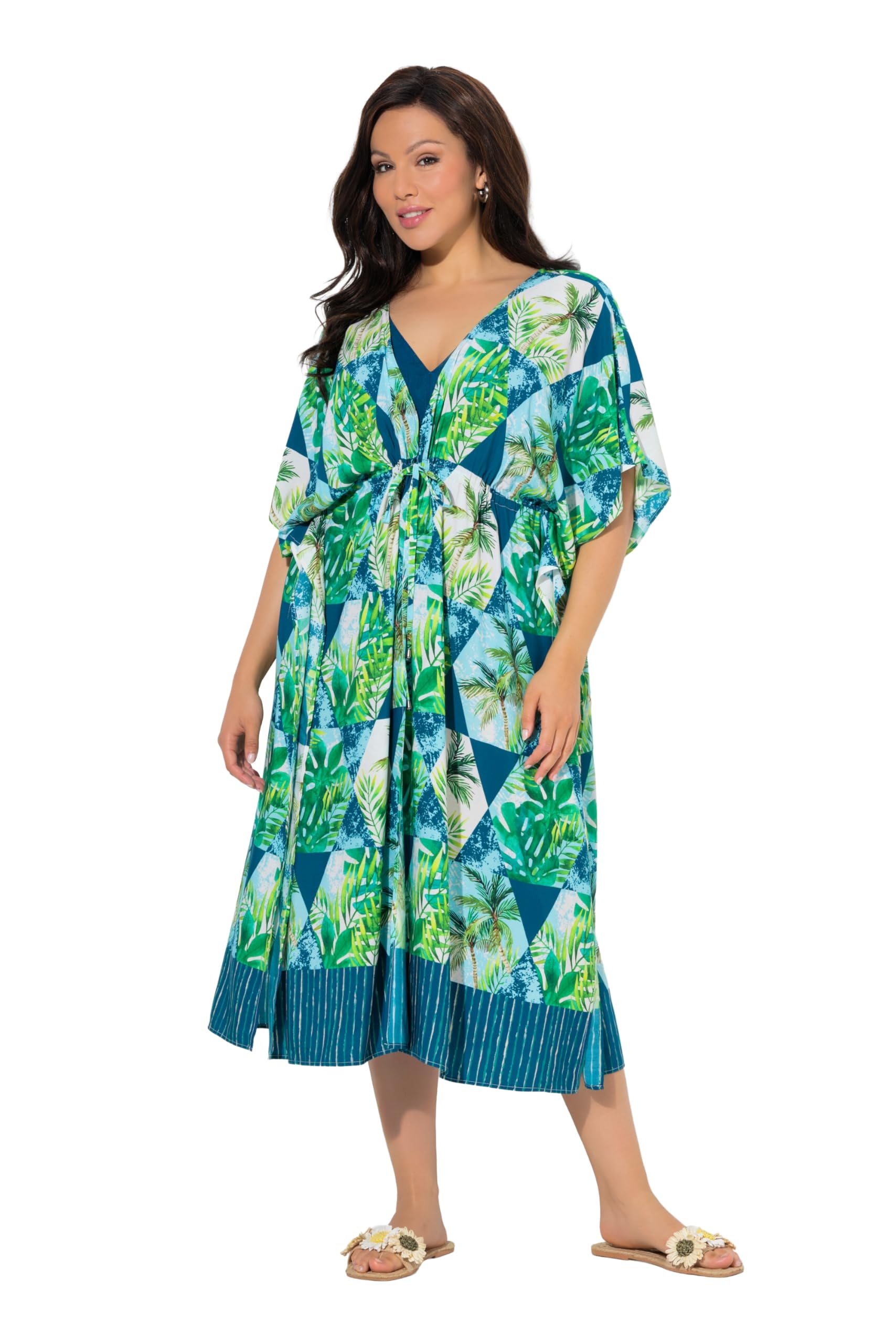 Ulla Popken Damen große Größen Übergrößen Plus Size Kaftan, Palmen, V-Ausschnitt, Halbarm 846493