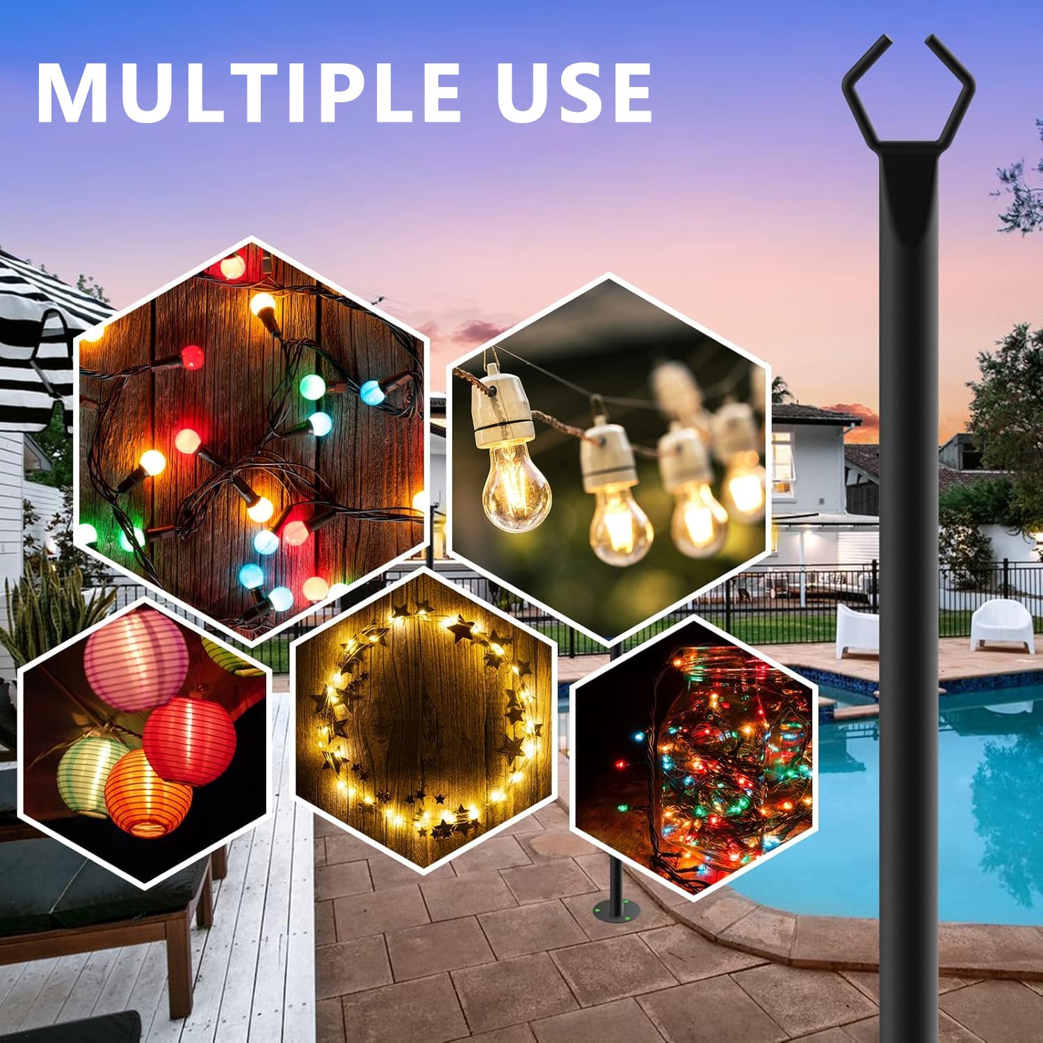 Paquete de 4 postes de luz de cadena de 9.8 pies con tenedor para luces de cadena al aire libre, postes de luz al aire libre con tenedor, postes, poste, soporte para exterior, patio, terraza, patio