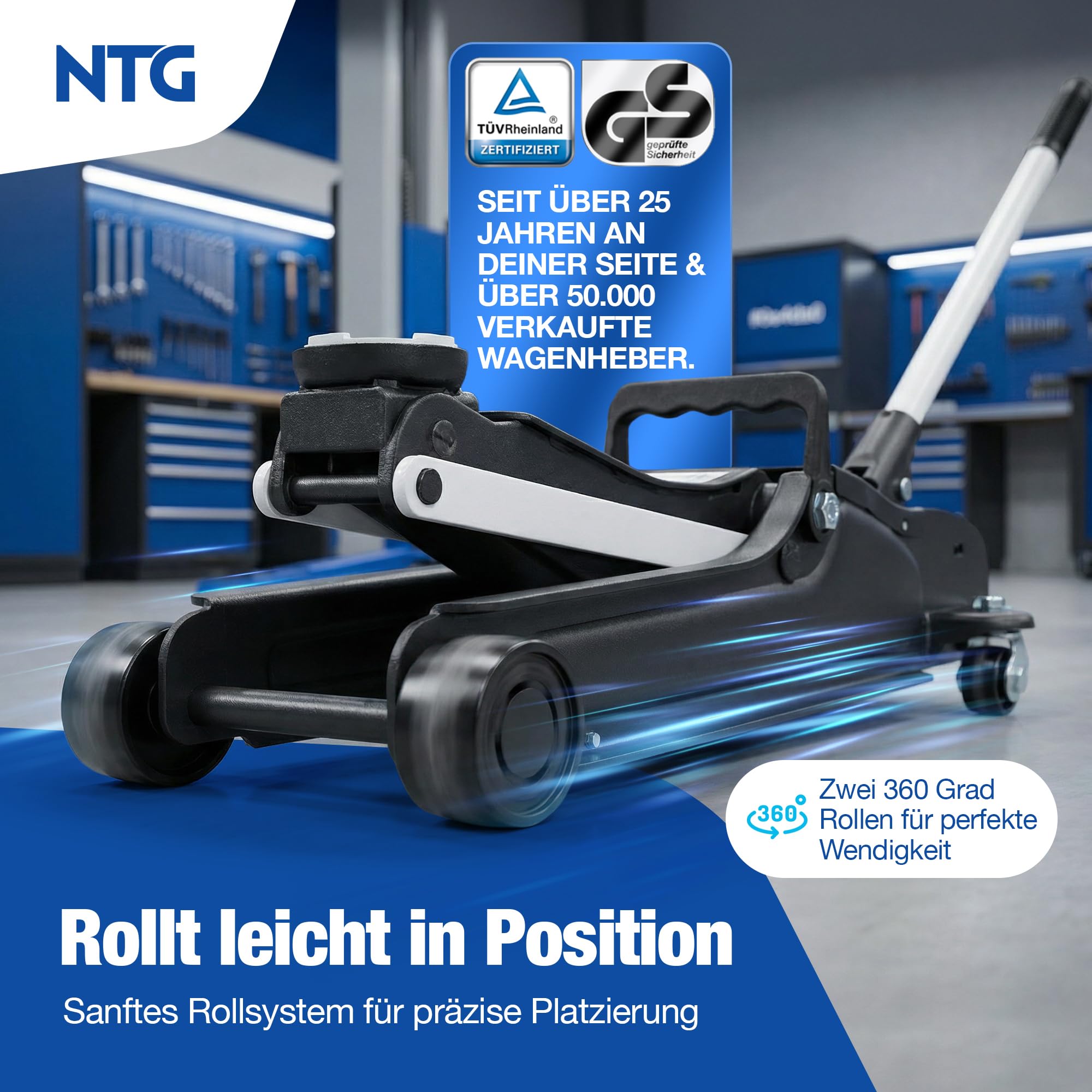 Wagenheber Hydraulisch 2,5T TÜV Zertifiziert (85-375mm Hubhöhe) - Profi Rangierwagenheber flach für tiefergelegte Autos - KFZ PKW Autoheber NTG (+ Gummiauflage Flach)