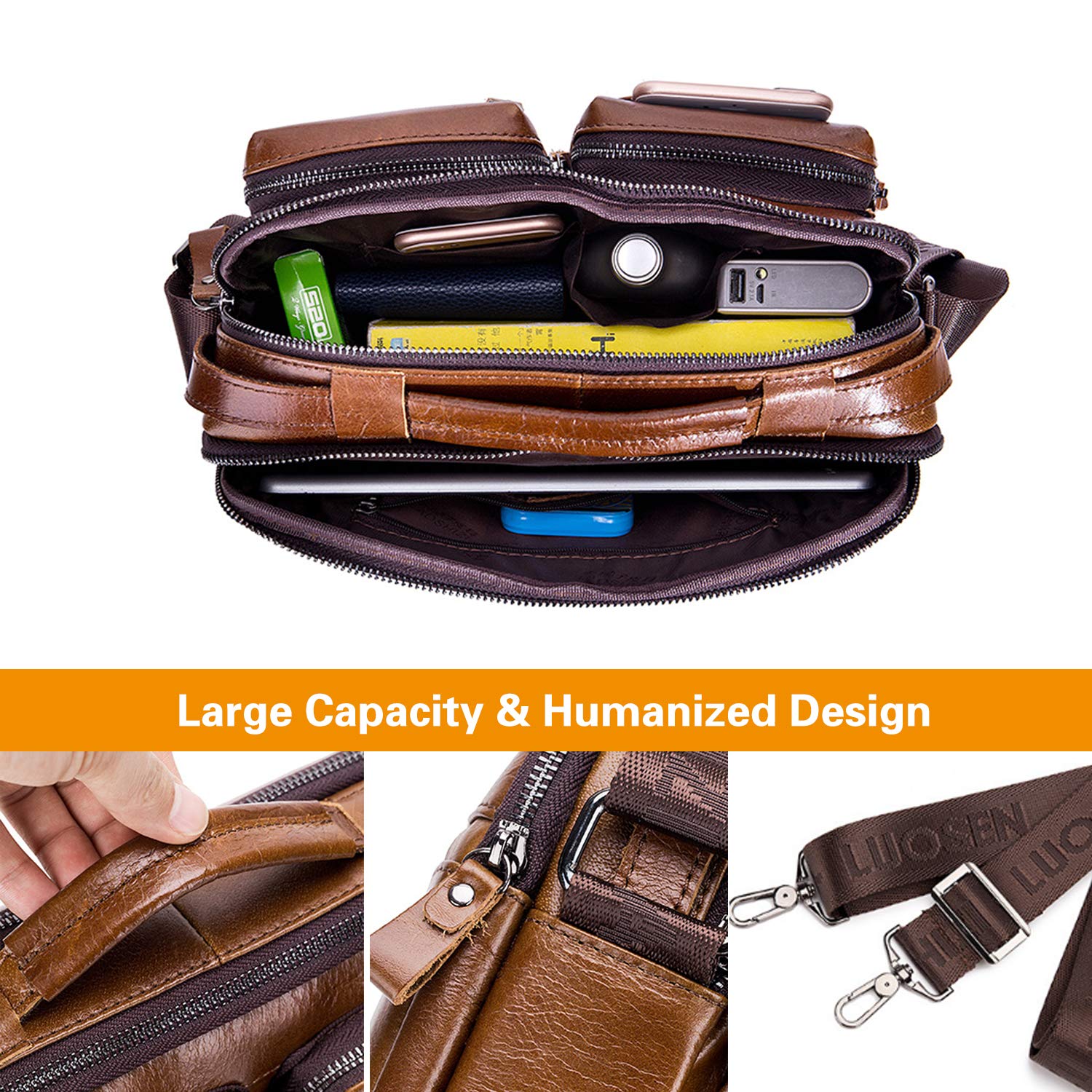 FANDARE Umhängetasche Herren Schultertasche Männerhandtasche Laptoptasche Leder Messenger Bag Arbeitstaschen Businesstasche Ordner Arbeit Reise Sport Schulranzen Kuriertasche Collegetasche Braun