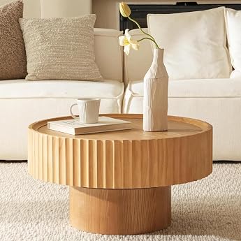 Cagnolier Round Wooden Coffee Table with Ribbed Design, 70 x 38 cm | Round Mushroom Table for Living Room Balcony Wood Colour
