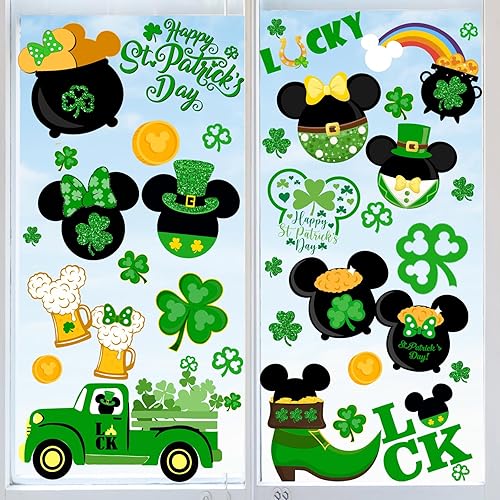 Adhesivos para ventana del día de San Patricio, 9 hojas con temática de ratón, decoración de ventana del día de San Patricio, decoración de trébol