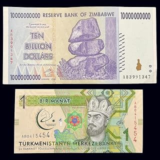 Turkmenistan 1 Manat & Zimbabwe 10 Billion Dollar Banknote Money World Currency