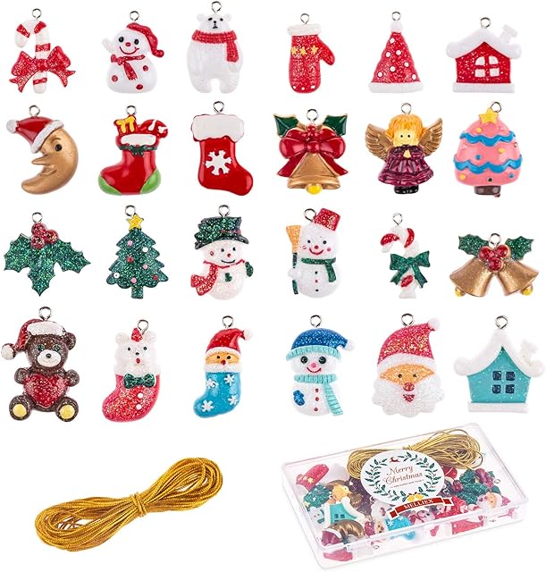 MELLIEX 24pcs Christmas Resin Miniature Ornaments Santa Clause Elk Snowman Stocking Christmas Figurines for Hanging with Strings