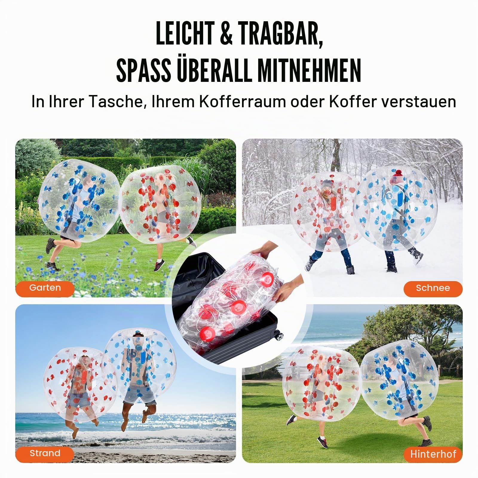VEVOR Aufblasbarer Bump Ball Bumper Stoßball 2 STK. 1,2 m x 1,03 m, Menschlicher Kollisionsball, PVC-Körperblasen-Bounce-Ball für Outdoor-Aktivitäten, Rote+Blaue Punkte/Transparent