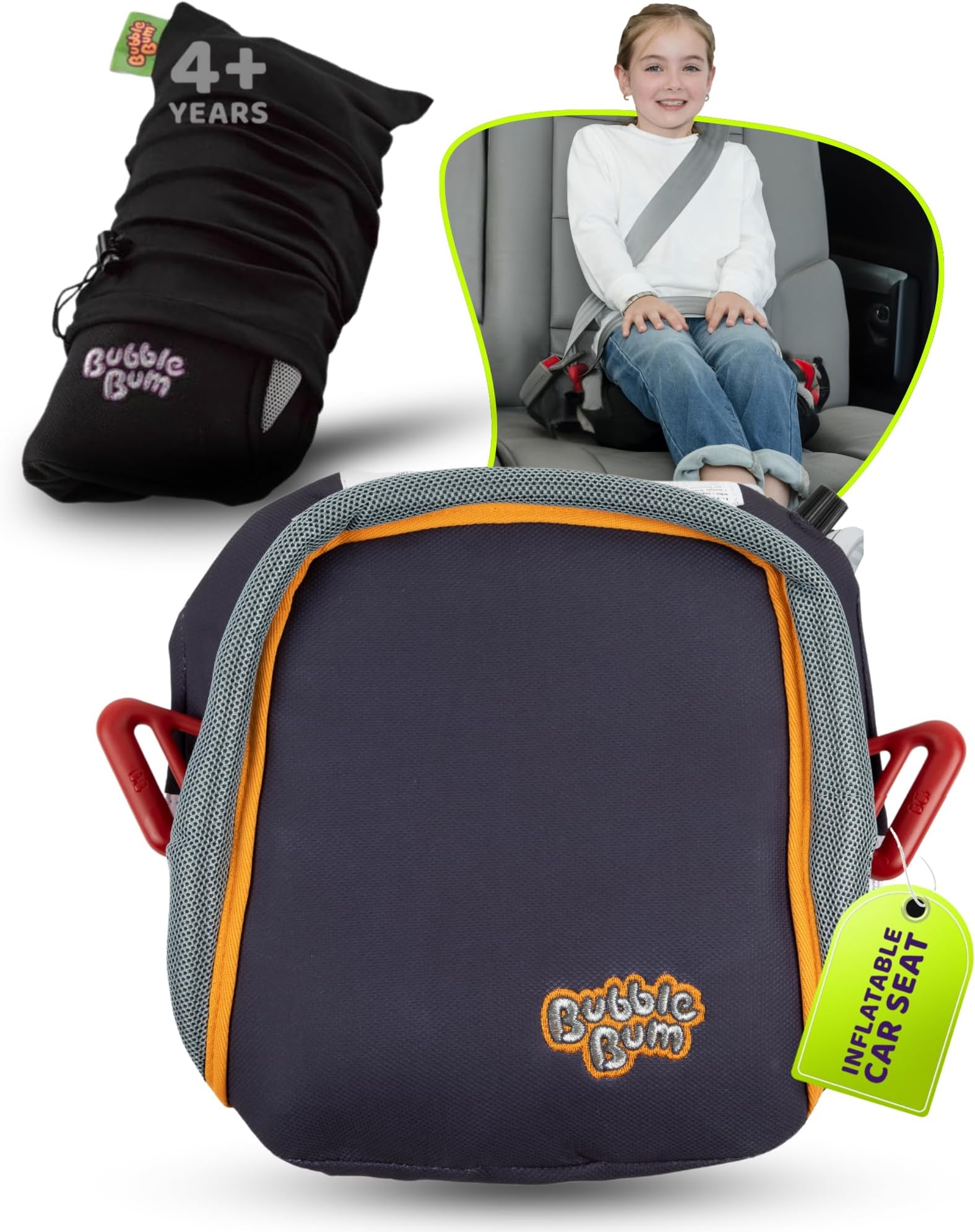 bubblebum Inflatable Travel Booster, Backless Car Seat for Kids Ages 4+, Portable Child Safety Seat for Cars, Lightweight Carseat for 40–100 lbs – Gray