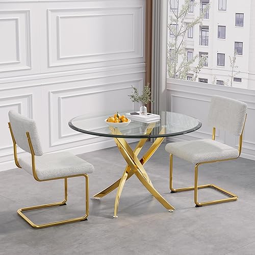Miniatura 6 de Mesa de comedor moderna de vidrio redonda con parte superior de vidrio templado, base de acero inoxidable dorado, para oficina en casa, cocina,