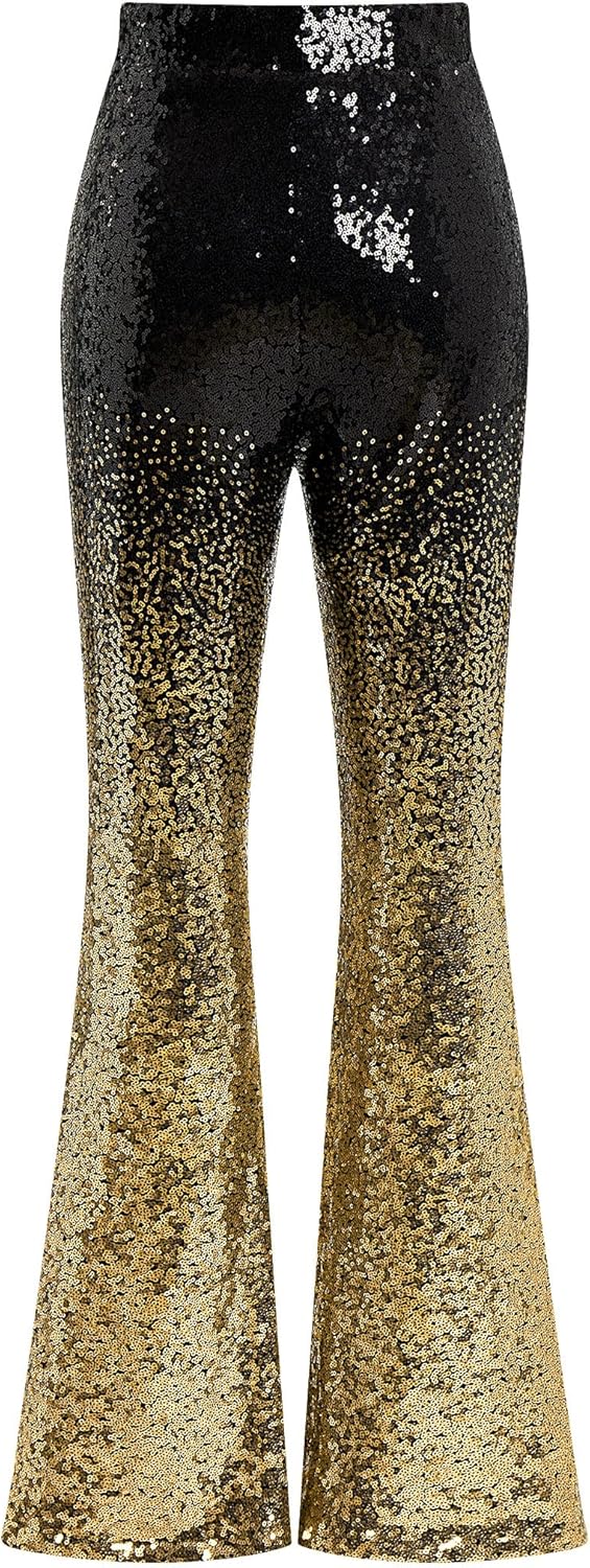 ODIZLI Womens Bell Bottom Sparkle Sequin Flare Pants Elastic High Waisted Bling Glitter Dance Pants