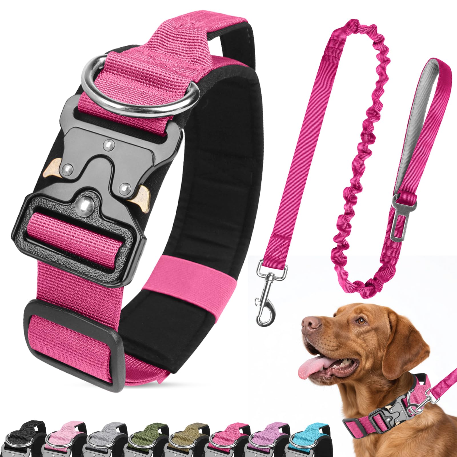 Ledeak Tactical Dog Collar and Leash Set, Heavy Duty Padded Dog Collar with Metal Buckle, Military Adjustable Nylon Pet Collars with Handle for Medium Large Dogs Training (Rose Red, L) — image 1