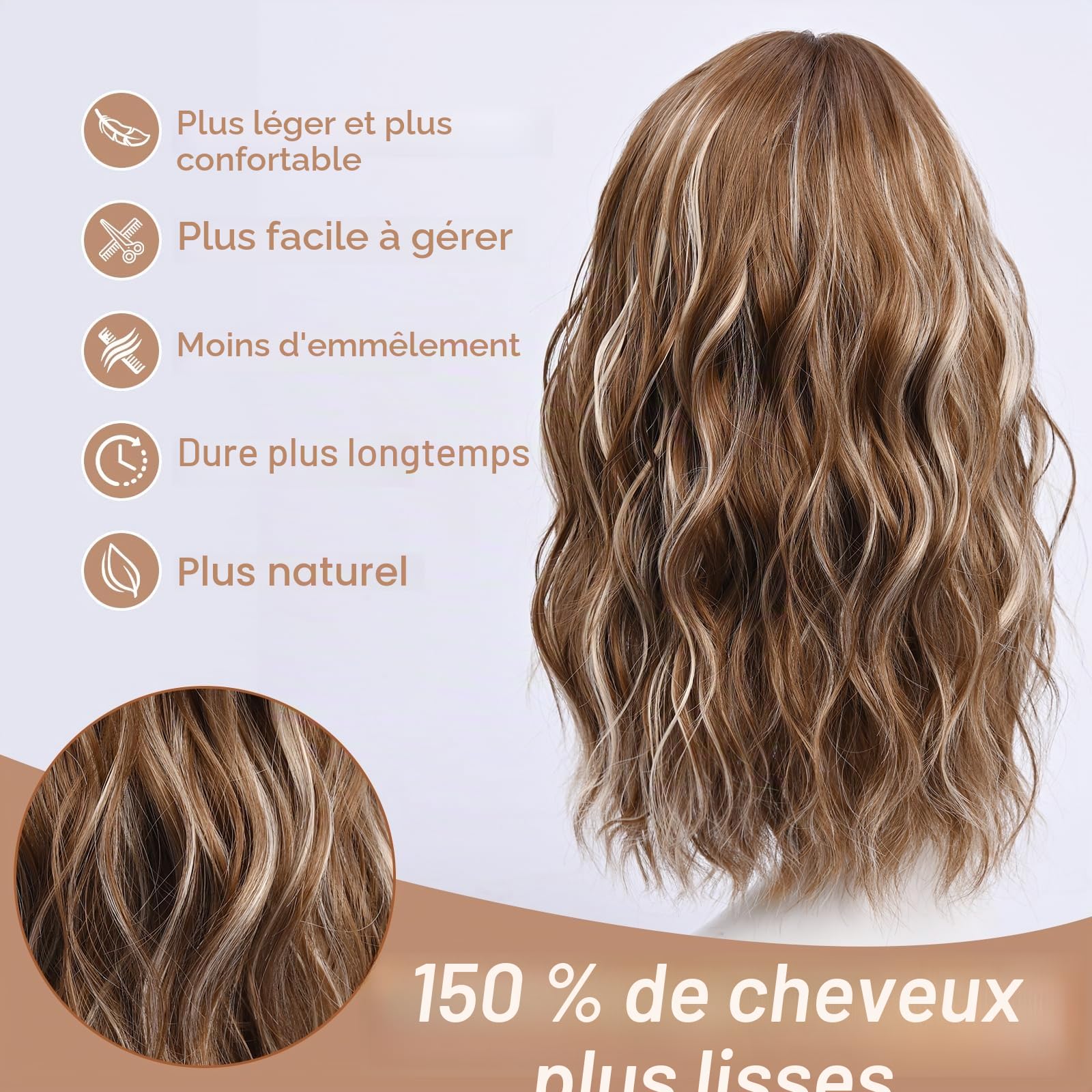 Perruque mi-longue avec mèches claires pour femmes 45 cm - Perruque brun chocolat avec mèches platine - Perruque ondulée à séparation médiane - Perruque synthétique pour cosplay, usage