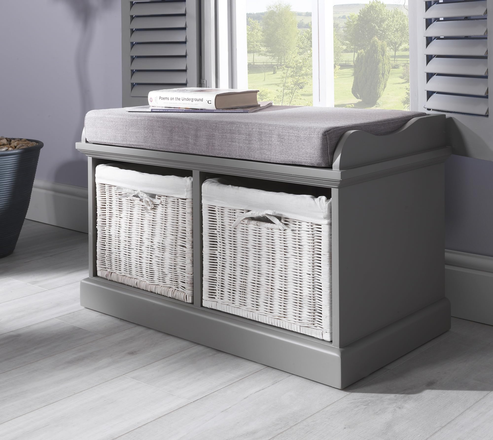 Statement Furniture Tetbury Dove Grey Storage Bench with Cushion Seat | Hallway Bench with 2 Wicker Baskets | W76cm H46cm D40cm | Fully Assembled, Very Sturdy (grey)