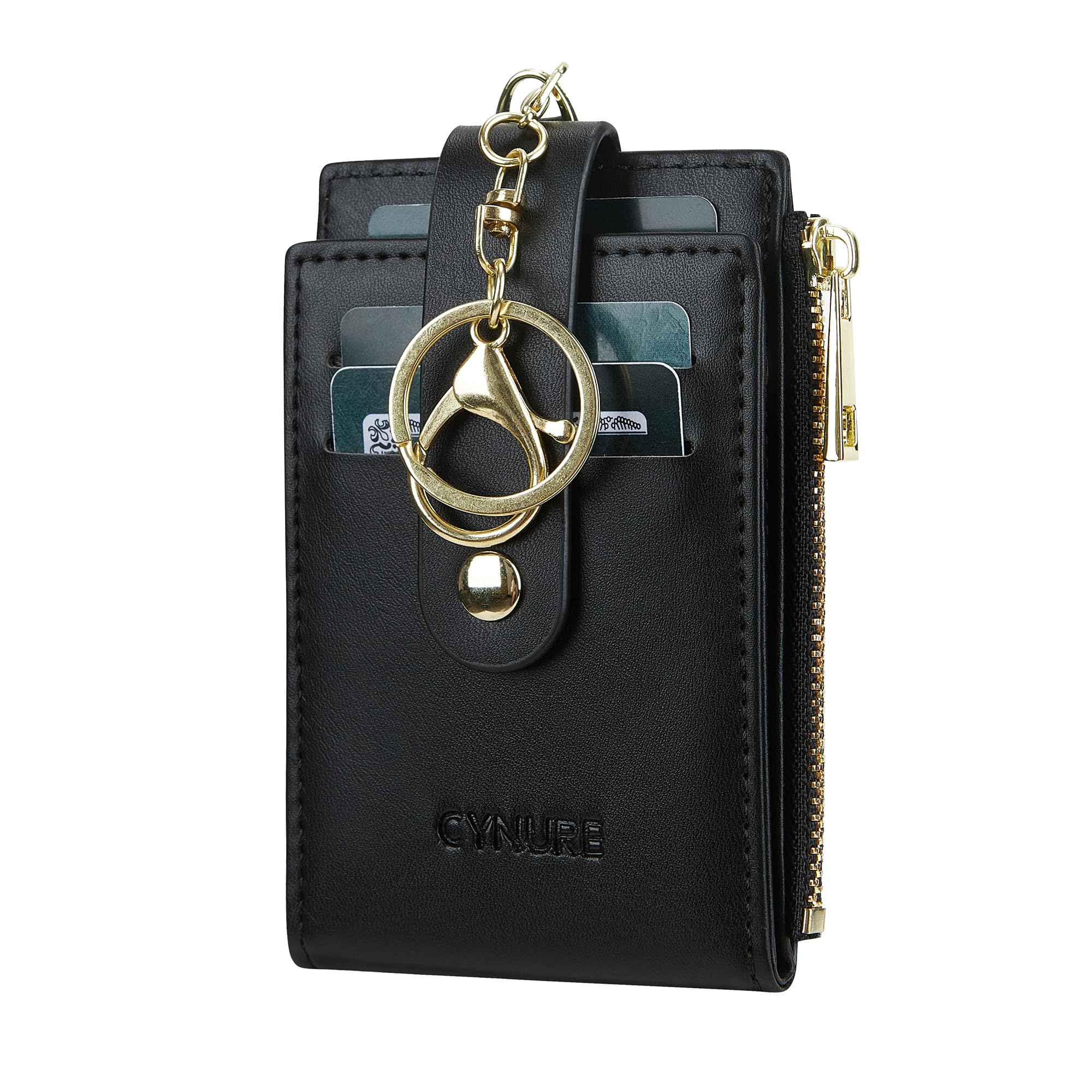 Cynure Women Leather RFID Blocking Card Holder Slim Small Zipper Keychain Front Pocket Wallet with 2 ID Window,