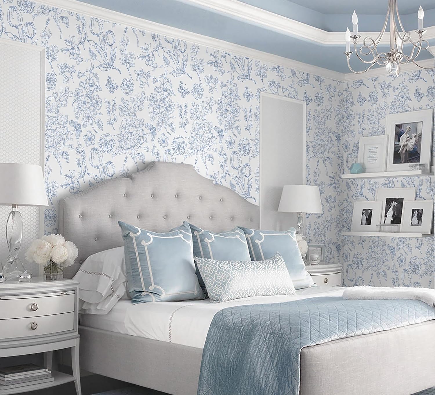 CiCiwind Floral Peel and Stick Wallpaper White and Blue Boho Contact Paper Modern Self Adhesive Removable Butterfly Wall Paper for Bathroom Bedroom Living Room Decoration 393.7"×17.3"”