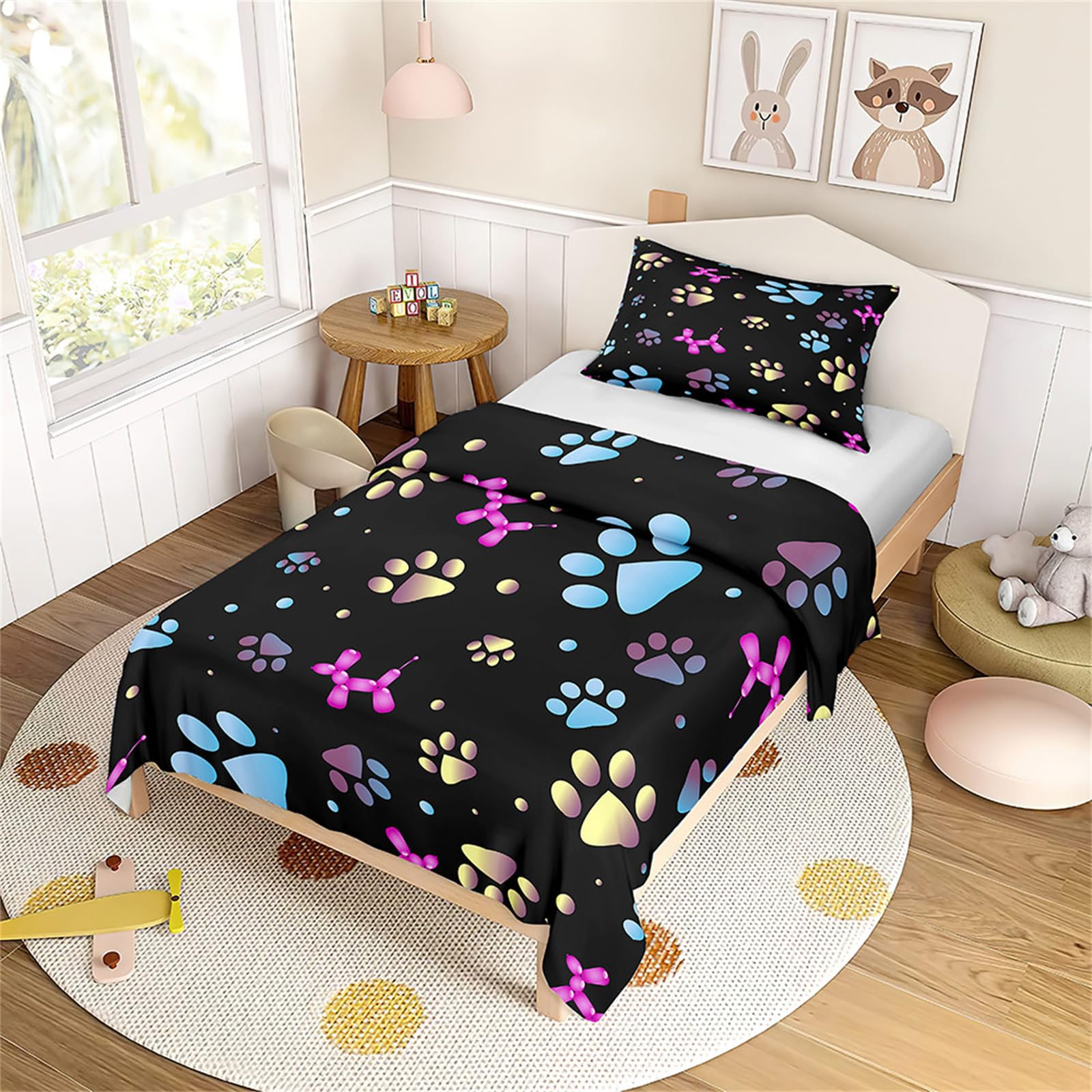 Mateju Cute Paw Print Kids Duvet Cover Set 120x140cm, Soft Microfiber Toddler Bedding Set with Pillowcase, Cartoon Dog Paw & Bone Pattern Quilt Cover for Children Bedroom Decor (Black)