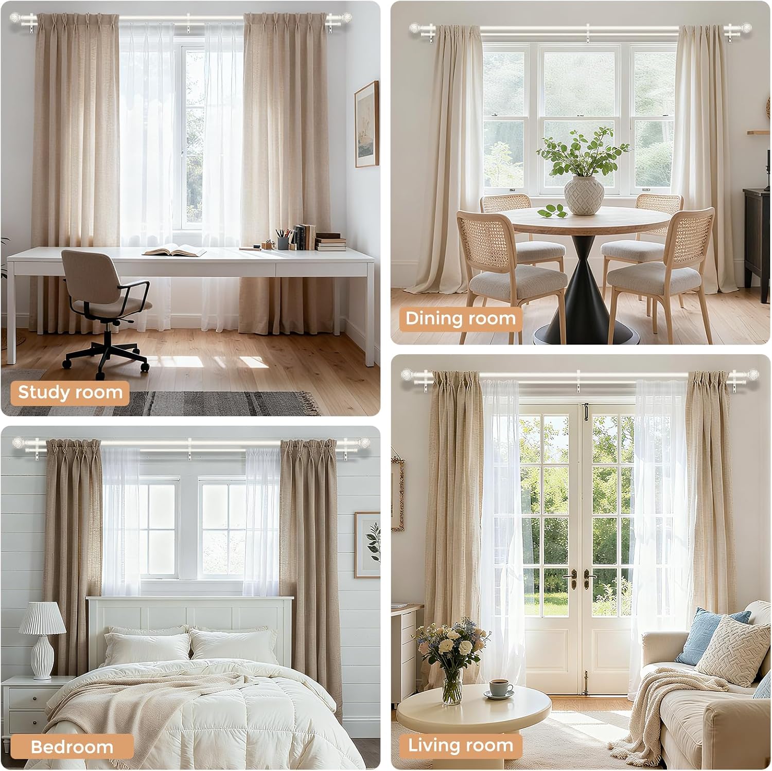 White Double Curtain Rod, 72 to 144 Inch Extra Long Dual Curtain Rods with Boho Netted Texture Finial, Decorative 1 Inch Adjustable Window Treatment Rods, Antique Vintage Farmhouse Double Drapery Pole