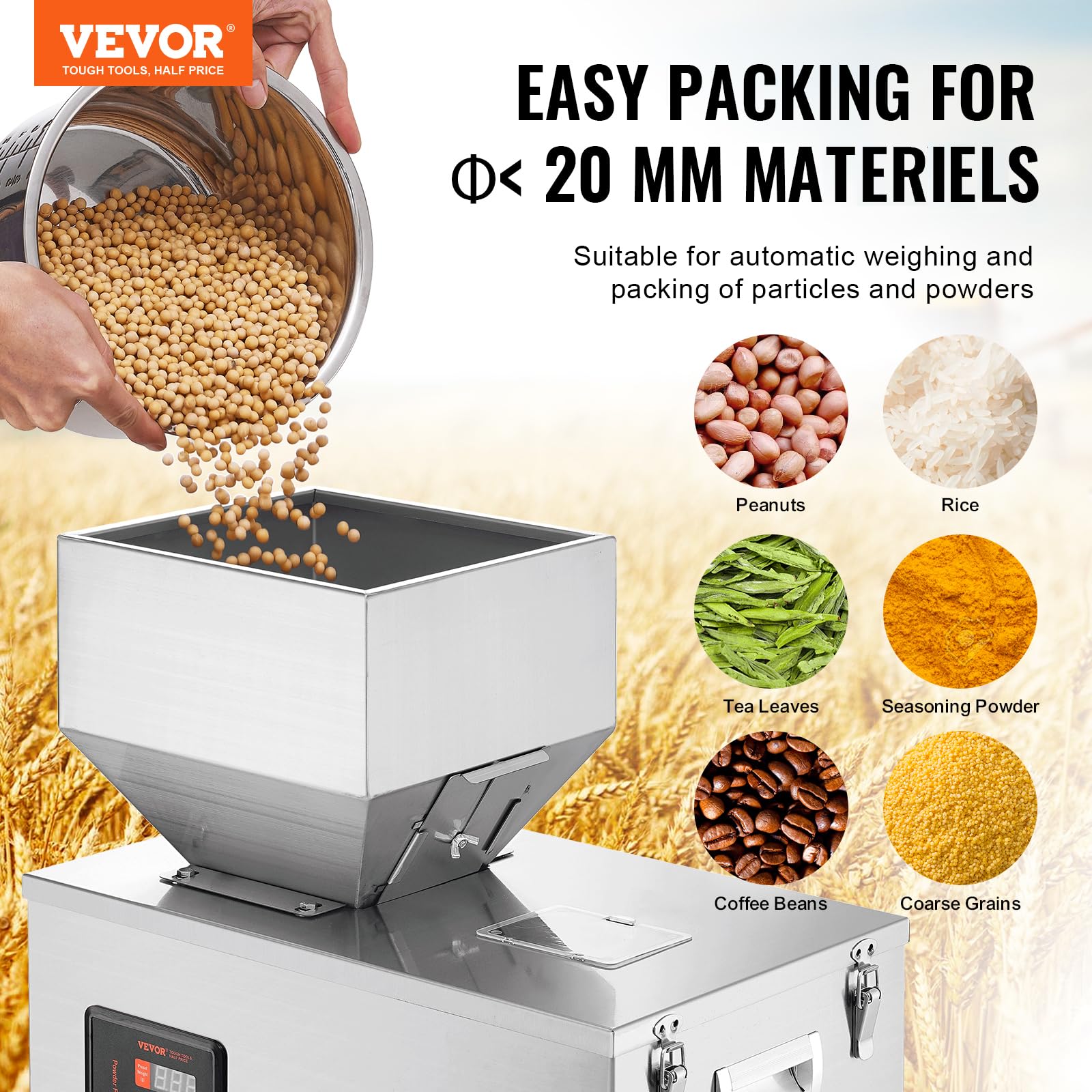 VEVOR Máquina automática de envasado de partículas, 1-100 g, Máquina envasadora de llenado de bolsitas de polvo multifunción, Llenado para semillas de té, granos, harina, frijoles, purpurina